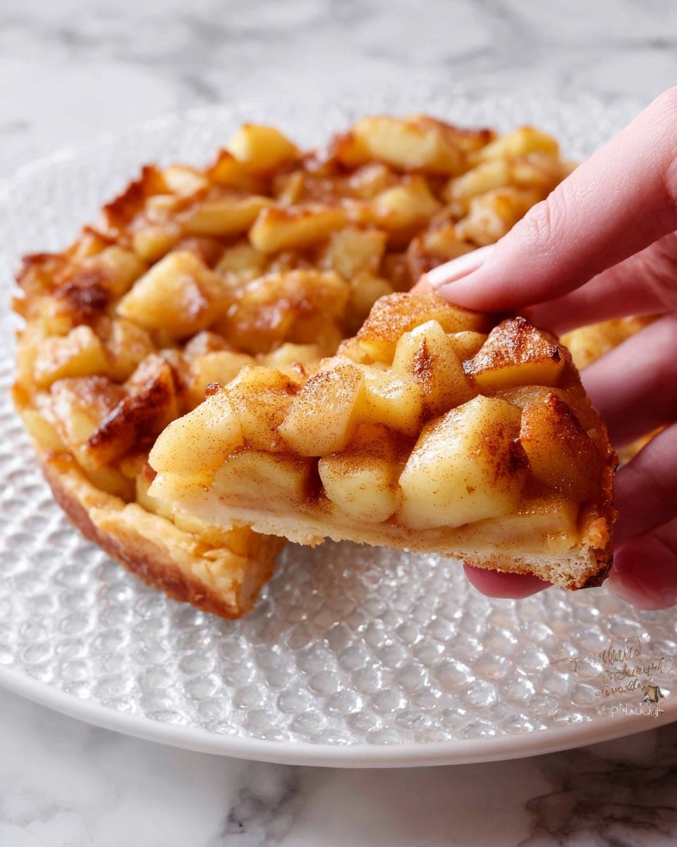 A small round open apple galette on a clear textured glass plate, featuring a golden-brown crust folded around a filling of diced apples with a cinnamon-sugar coating giving a warm brown and light amber color mix. On top at the center sits a large dollop of white whipped cream with a creamy, soft texture. The galette has a single triangular slice cut out, showing the thickness of the crust and filling layers underneath. The photo is set against a white marbled surface. photo taken with an iphone --ar 4:5 --v 7