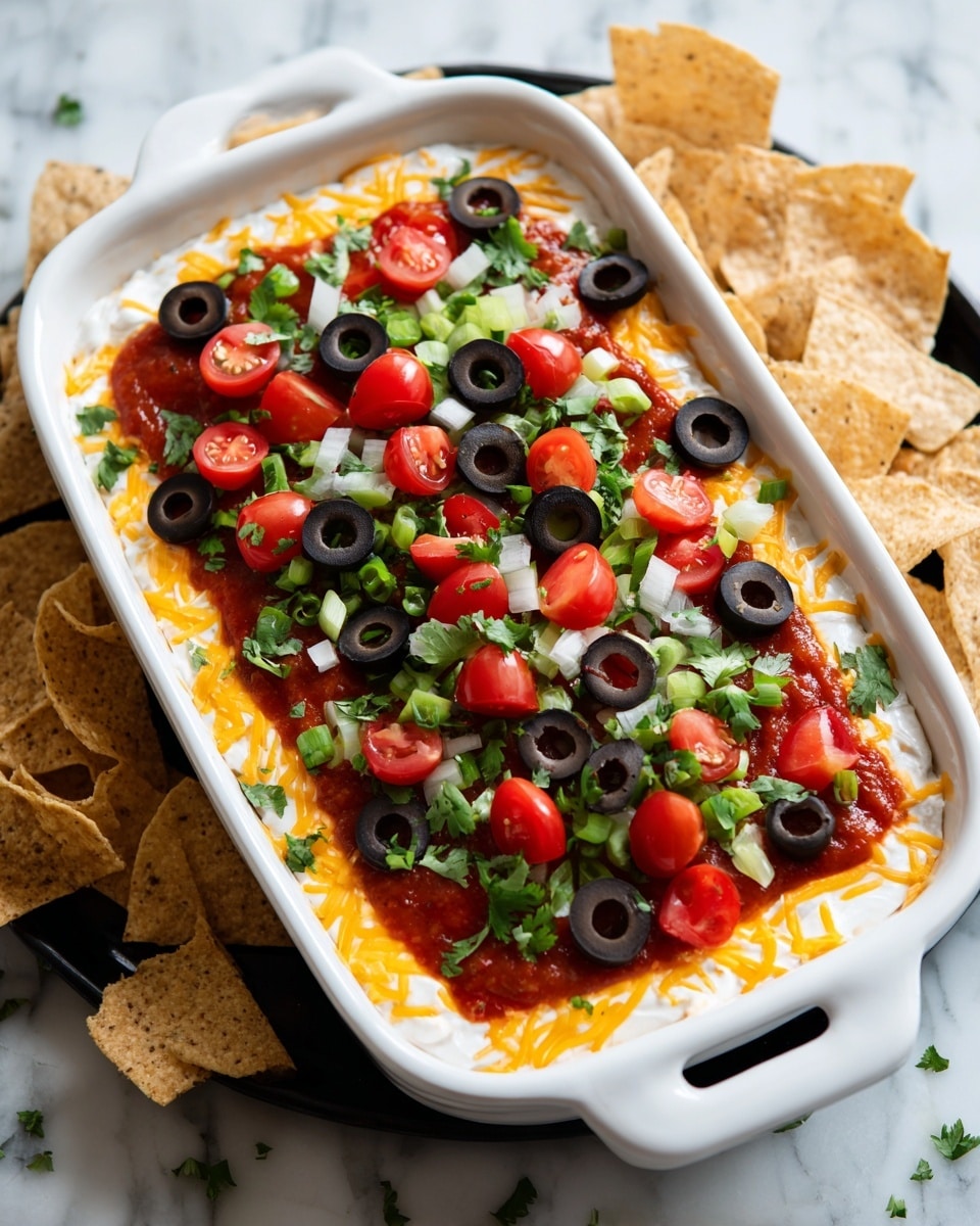 A large rectangular white baking dish is filled with a colorful layered dip. The bottom layer looks smooth and creamy with a reddish color, topped by a layer of shredded white cheese melting slightly. On top, there are evenly spread slices of black and green olives, small diced red tomatoes, and chopped green onions, all creating a fresh, bright mix of colors. Next to the dish, there is a small pile of triangle-shaped whole-grain chips placed on a white marbled surface. The scene looks ready to serve in a casual setting. Photo taken with an iphone --ar 4:5 --v 7