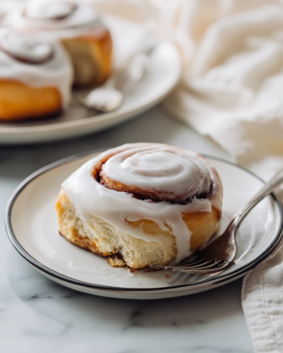 A single cinnamon roll sits centered on a white plate with a thin black rim, coated evenly with a thick layer of smooth, creamy white icing that glistens under soft lighting; the roll's spiral layers are clearly visible beneath the icing, showing a soft golden-brown dough peeking through. A silver fork rests diagonally behind the cinnamon roll on the plate. The scene includes part of another plate with more cinnamon rolls blurred in the background, and to the right, a white cloth softly folded adds texture. The whole setup is on a white marbled surface. photo taken with an iphone --ar 4:5 --v 7