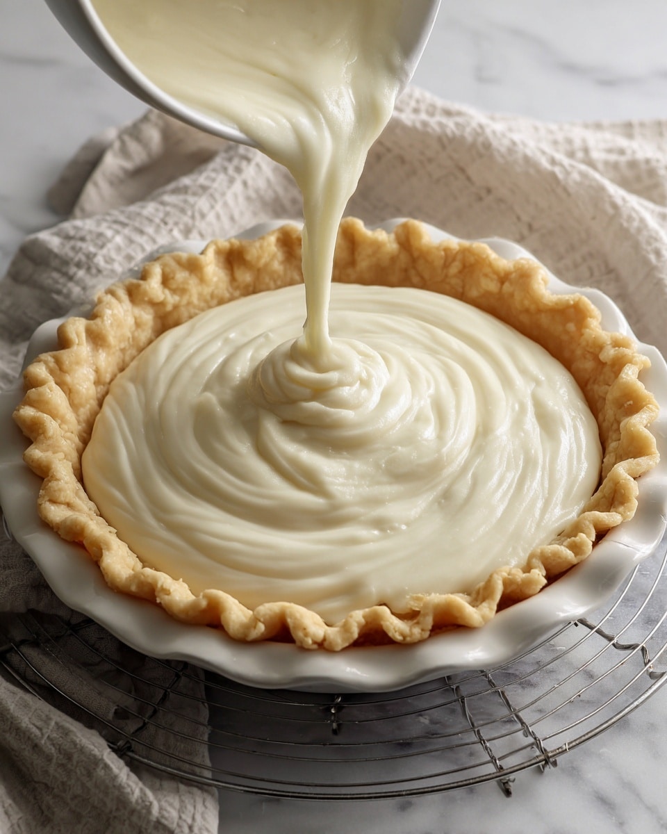 A round pie with one slice removed and another slice slightly pulled out, showing a thick pale yellow filling with a smooth texture and a light sprinkle of brown spice on top, inside a golden-brown, flaky crust that has a scalloped edge; the pie sits on a white plate on a white marbled surface with two silver forks above and a separate white plate holding a single piece of pie in the top right corner, partially visible on a black round tray with a white and black checked cloth underneath, photo taken with an iphone --ar 4:5 --v 7