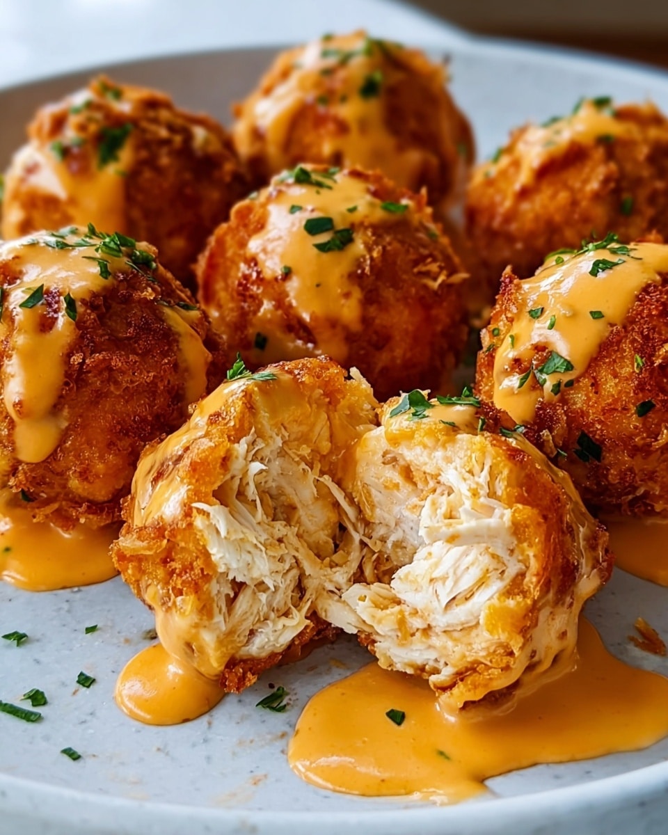 The image shows round chicken bites with a light golden-brown crust arranged on a white plate. Each piece is covered by a smooth orange sauce drizzled on top, with little green herb bits scattered over and around them. One chicken bite at the front is cut open showing the white shredded cooked chicken inside. The plate sits on a white marbled surface, and the texture of the crust looks crispy. The sauce looks creamy and slightly shiny, softly flowing down the sides of the chicken bites, photo taken with an iphone --ar 4:5 --v 7