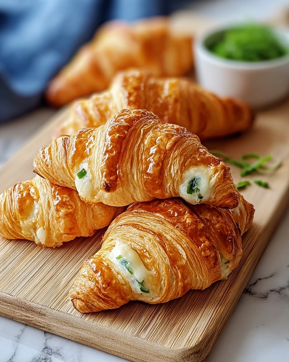 Three golden-brown, crispy croissants lie on a light wooden board, each filled with visible layers of melted white cheese and fresh green basil leaves peeking through the flaky folds. The croissants have a glossy baked surface with textured layers curling at the ends. In the blurred background, there is a small white bowl filled with green basil, resting on a white marbled surface with a hint of a blue cloth nearby. Photo taken with an iphone --ar 4:5 --v 7