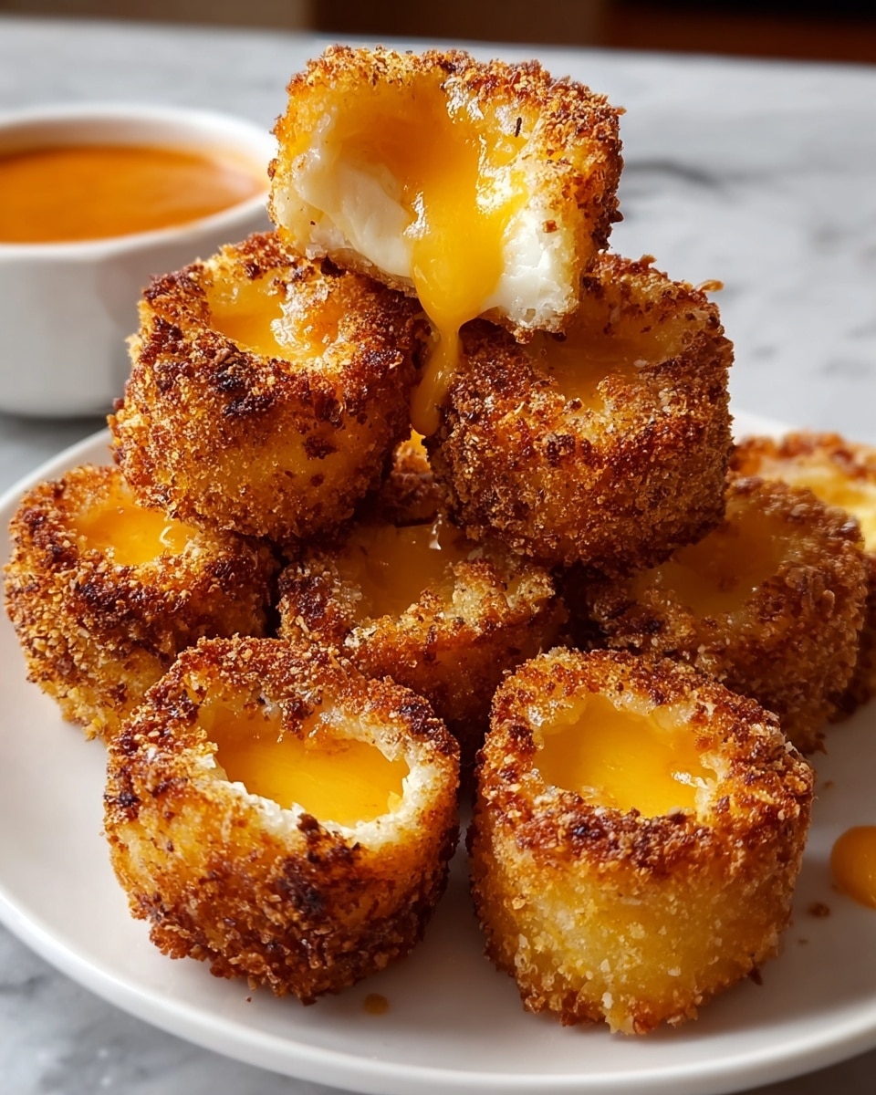 The image shows several small, round, golden-brown bite-sized fried pieces, stacked in a pyramid shape on a white plate set on a white marbled surface. Each piece has a crispy, textured outer layer with a dark golden crust and a soft, tender white inside. The top part of each piece is filled with melted cheese that is a bright yellow-orange color, slightly glossy and smooth. Some cheese is oozing out of a few pieces, adding a gooey texture. In the background, there is a white bowl filled with orange dipping sauce. photo taken with an iphone --ar 4:5 --v 7