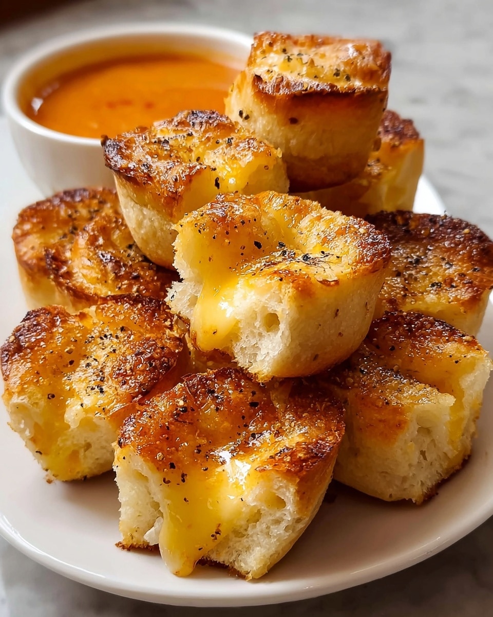 The image shows a white plate filled with golden brown, bite-sized rolls that have a crispy, toasted outer layer. Each roll is cut to reveal a soft, melty cheese center that oozes out slightly, with a shiny glaze on top sprinkled with a bit of black pepper. The rolls are stacked closely together, showing different angles of their crunchy edges and creamy insides. In the background to the side of the plate, there is a small white bowl containing an orange-colored dipping sauce. The whole scene is set on a white marbled surface. photo taken with an iphone --ar 4:5 --v 7