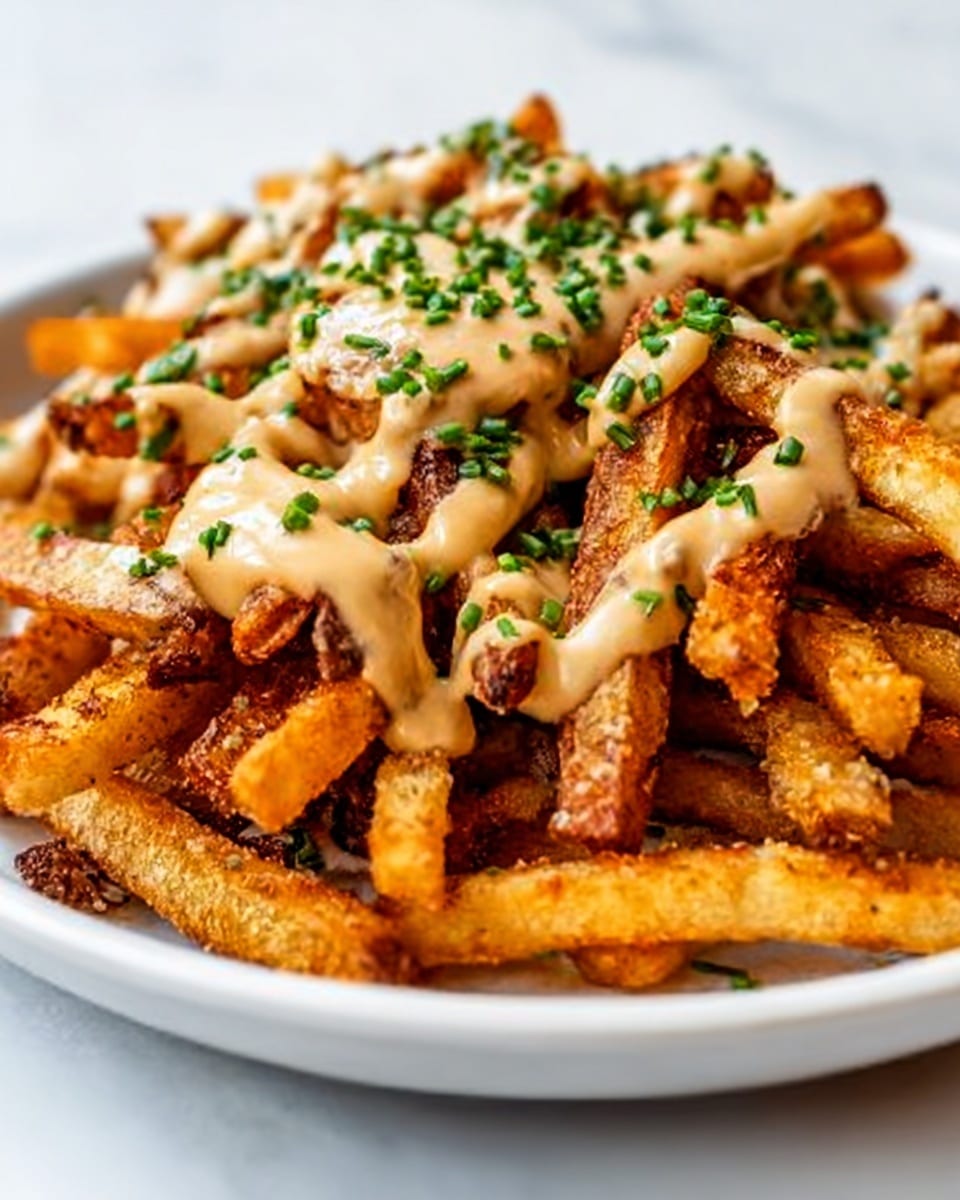 A white plate sits on a white marbled surface filled with a pile of crispy golden French fries as the bottom layer. On top of the fries is a creamy light beige sauce drizzled unevenly over the fries, adding a smooth texture. Sprinkled finely across the dish are small green herbs, possibly chives, giving a fresh touch and vibrant color contrast. The fries look crunchy with a mix of light and dark brown tones, indicating a well-cooked texture. The image has a close-up view showing the crispiness and details of the sauce and herbs. Photo taken with an iphone --ar 4:5 --v 7