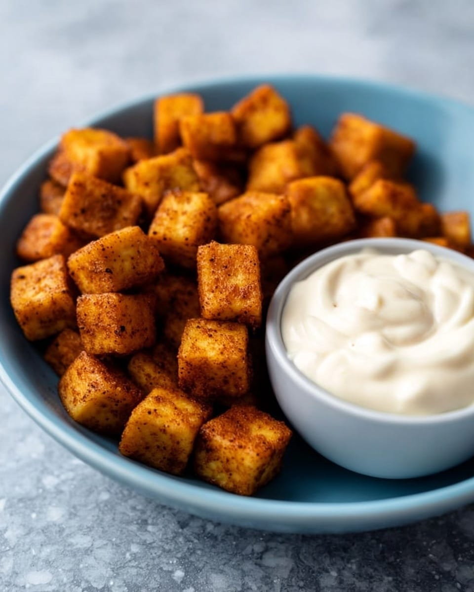 The image shows an open black air fryer basket filled with small, evenly cut cubes of golden-brown roasted potatoes, seasoned with a reddish-orange spice mix. The cubes have a slightly crispy texture and are spread out on a black mesh tray inside the basket. The air fryer itself is black with a white button at the front, and the entire setup is placed on a white marbled surface. photo taken with an iphone --ar 4:5 --v 7