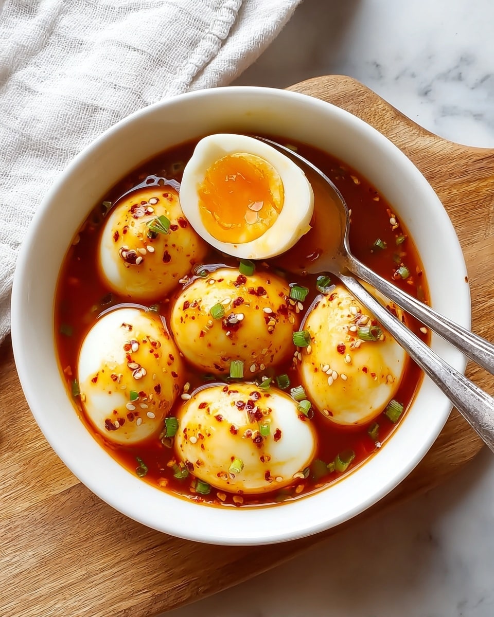 A white bowl filled with five soft-boiled eggs, some whole and some cut in half showing bright orange, slightly runny yolks. The eggs sit in a deep red spicy sauce with a shiny, oily surface, sprinkled with white sesame seeds and small green onion pieces. Two silver spoons rest in the bowl, one holding a half egg covered in sauce and garnishes. The bowl is placed on a wooden board with a light gray cloth napkin beside it, all set on a white marbled surface. photo taken with an iphone --ar 4:5 --v 7