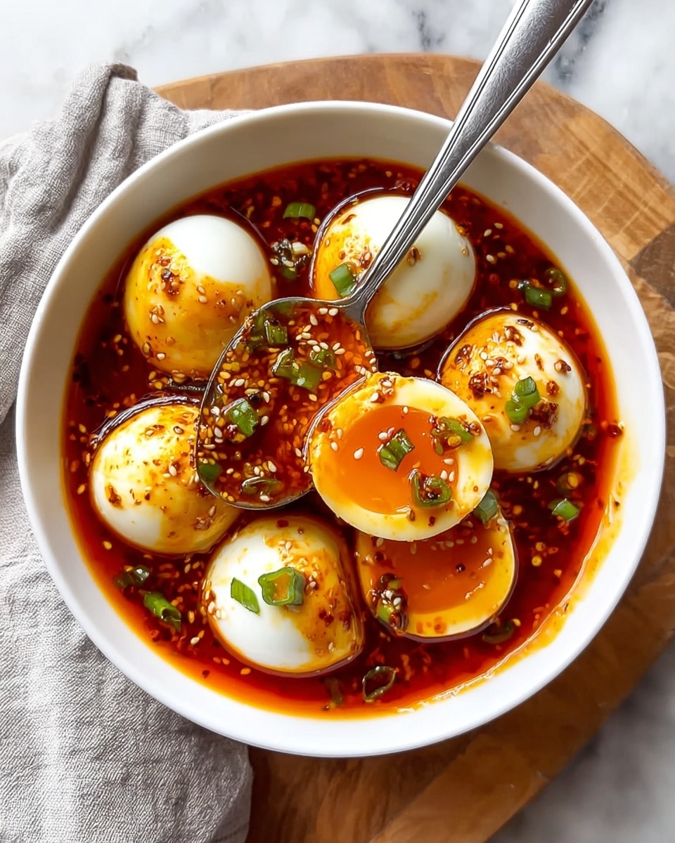 A white bowl filled with five whole boiled eggs and one halved egg with a soft, bright orange yolk. The eggs are covered in a shiny, reddish-brown sauce with small chili flakes and sprinkled with white sesame seeds and tiny green onion pieces. A silver spoon holds the halved egg above the bowl next to another utensil, both resting inside the bowl. The bowl is placed on a wooden board over a white marbled surface with a white cloth nearby. Photo taken with an iphone --ar 4:5 --v 7