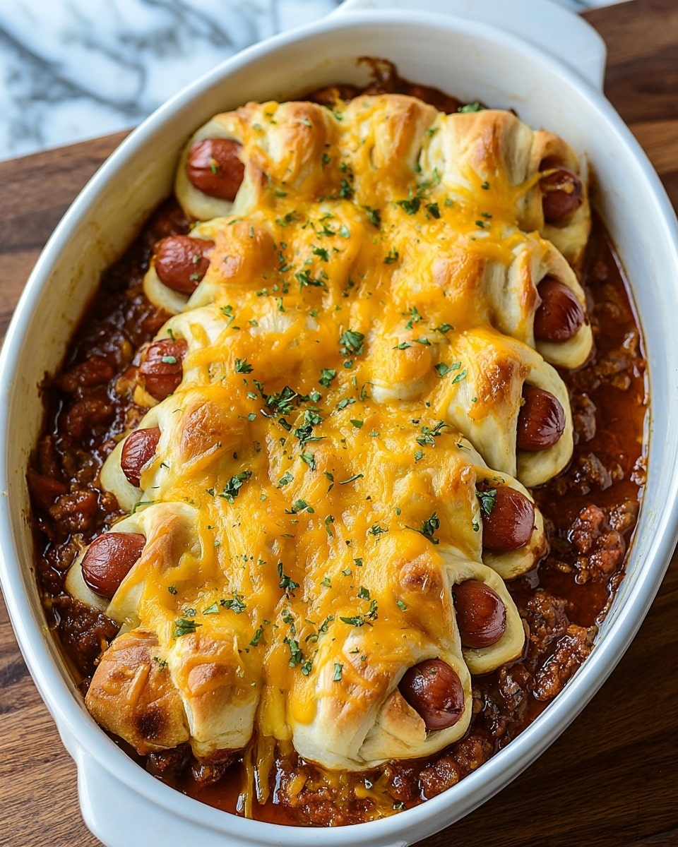 The image shows a white baking dish filled with five hot dogs wrapped in a golden brown melted cheese layer, each hot dog wrapped in a light tan dough. The melted cheese on top is bubble-textured and browned in spots, sprinkled with bright green chopped herbs and small pieces of red tomato. Below the wrapped hot dogs is a thick layer of dark brown chili sauce with visible beans and chunks of orange carrot pieces. The dish sits on a white marbled surface. photo taken with an iphone --ar 4:5 --v 7