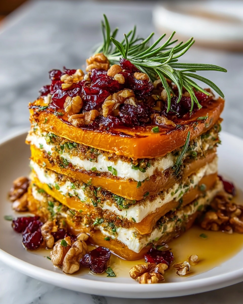 The dish is a stack of four layers of golden-brown, thick slices of roasted butternut squash, each separated by a creamy white cheese layer with a smooth texture. Between the layers, there is a crumbly, green herb mixture adding a fresh color contrast, and a thin brown nutty or crumb layer. On top of the stack, there are whole walnuts, almonds, and dried red cranberries arranged in a small pile, garnished with sprigs of fresh rosemary. The stack sits on a white plate, with syrup or honey drizzled around and some extra nuts scattered on the side, on a white marbled surface. Photo taken with an iphone --ar 4:5 --v 7