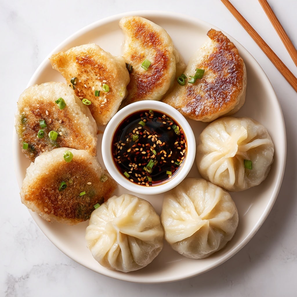 The image shows a white round plate holding eight dumplings arranged closely together. Each dumpling has a golden-brown crispy bottom with a slightly shiny, soft white top that shows delicate pleats, resembling little pouches. Small green onion slices are sprinkled over the dumplings, adding a touch of bright green color. Two black chopsticks hold one dumpling gently from the side, with a woman's hand in the frame delicately lifting it. The background and surface have a clean white marbled texture, making the warm colors of the dumplings stand out. photo taken with an iphone --ar 4:5 --v 7
