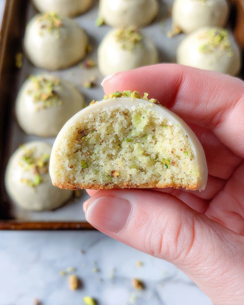 A close-up view of a woman's hand holding a small round cookie that is cut in half to show the inside texture. The cookie has two layers: a light greenish-yellow crumbly inside with tiny pieces of nuts or pistachios, and a thin, smooth, off-white icing layer covering the top of the cookie. In the background, there is a baking tray with several whole cookies, each topped with the same smooth icing and small sprinkled bits of nuts. The tray surface and background have a white marbled texture. Photo taken with an iphone --ar 4:5 --v 7