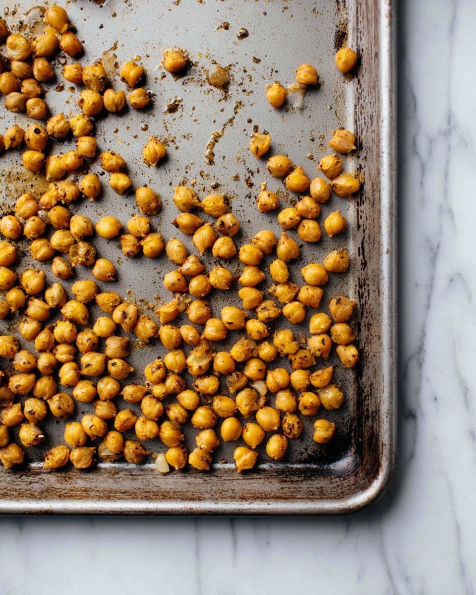A close-up view of a single layer of roasted chickpeas spread evenly across a gray metal baking sheet, each chickpea golden brown with a slightly cracked texture and specks of seasoning visible; the baking sheet shows worn, dark spots from use, and it rests on a white marbled surface. photo taken with an iphone --ar 4:5 --v 7