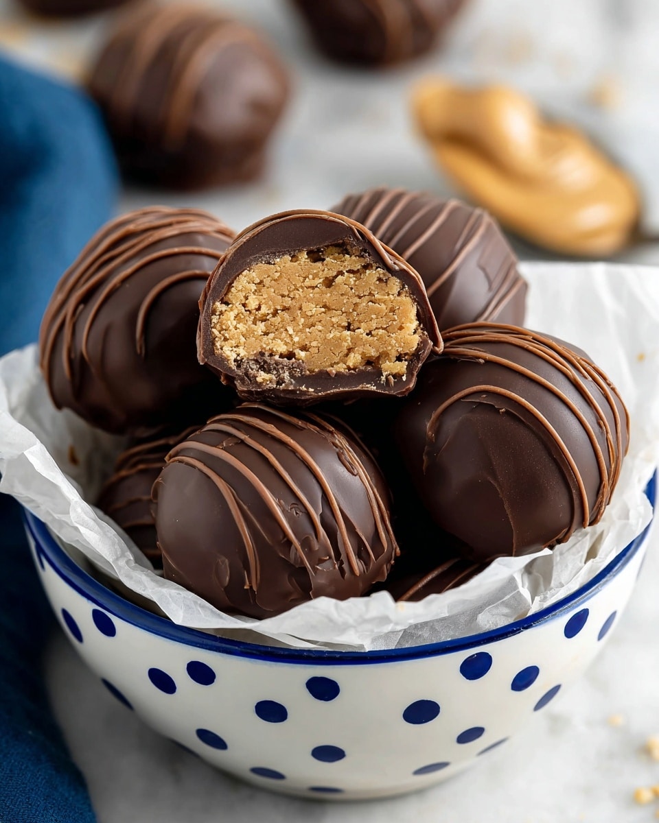 A white bowl with blue patterns is filled with round chocolate truffles. The truffles are smooth and coated in dark chocolate, some decorated with thin chocolate drizzle lines. One truffle sits on top, bitten open to show a crumbly, light brown peanut butter filling inside. The bowl is lined with white paper and placed on a white marbled surface. Extra truffles lie around the bowl. Photo taken with an iphone --ar 4:5 --v 7