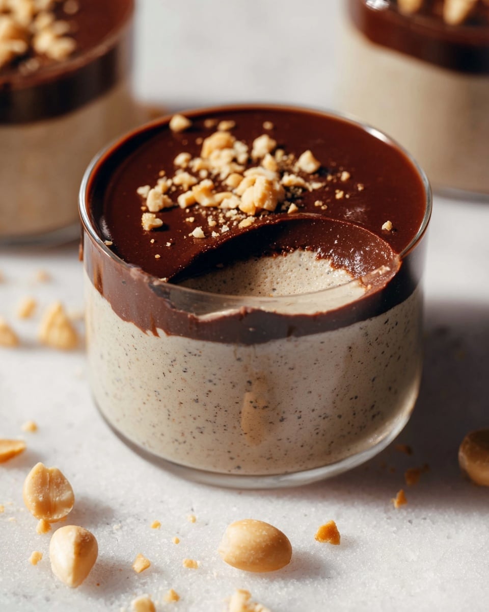 The image shows a close-up top view of a dessert in a clear glass filled with a creamy light brown mousse-like layer. On top, there are three large pieces of dark chocolate sprinkled with small crushed nuts. Next to it is a white bowl filled with thick dark chocolate topped with more crushed nuts. At the bottom left, a spoon holds a small scoop of the creamy dessert with a piece of chocolate on it, resting on a white marbled surface. The lighting creates soft shadows and highlights the smooth textures of the mousse and chocolate. photo taken with an iphone --ar 4:5 --v 7