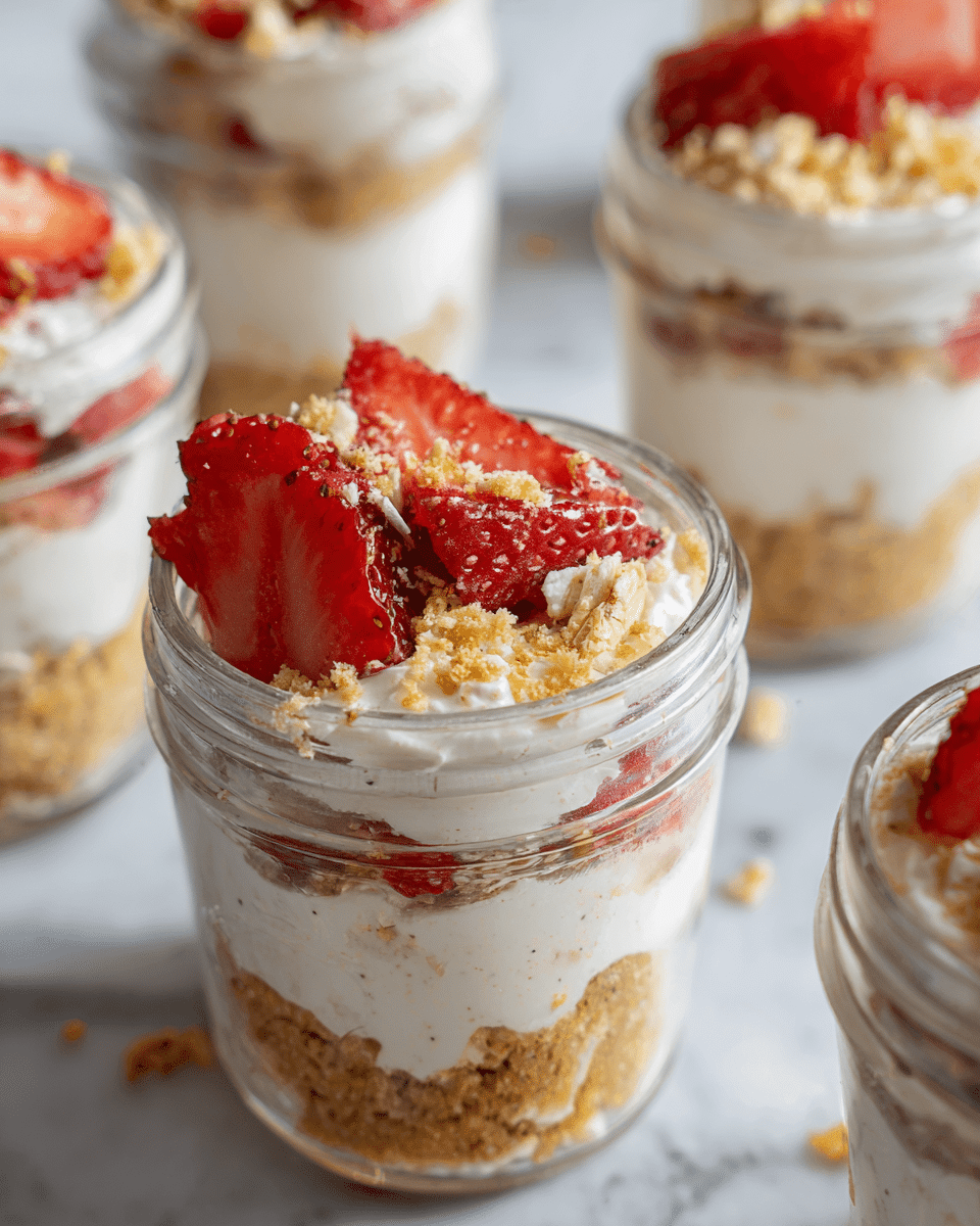 The image shows a clear glass jar filled with a dessert made of four distinct layers. Starting from the bottom, there is a white creamy layer, topped with a thick red layer of strawberry or berry sauce. Above that, there is a crumbly golden yellow cake strewn unevenly. The last layer is a mix of white cream and crumbly cake, garnished with two fresh glossy red strawberry slices placed side by side on top. The jar stands on a white marbled surface with blurred jars and pieces of fruit in the background. Photo taken with an iphone --ar 4:5 --v 7