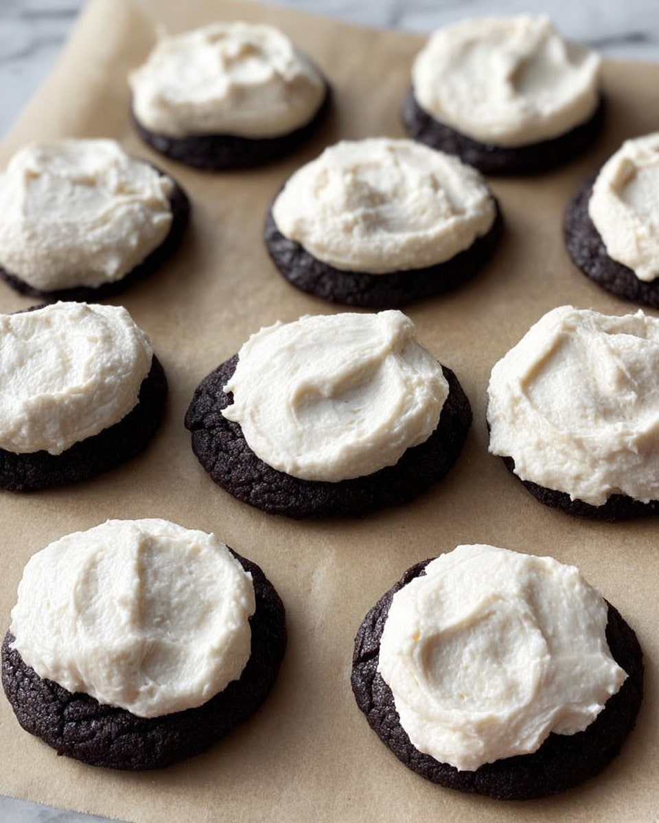 The image shows several dark chocolate sandwich cookies with a thick, white cream filling in the center, each cookie made of two round, slightly rough-textured chocolate layers. The focus is on a stack of two sandwiches, with the top cookie of the stack having a bite taken out, revealing the soft and creamy white filling inside and the crumbly chocolate layer. The cookies rest on light-colored parchment paper placed on a white marbled surface, and a woven basket is blurred in the background. photo taken with an iphone --ar 4:5 --v 7