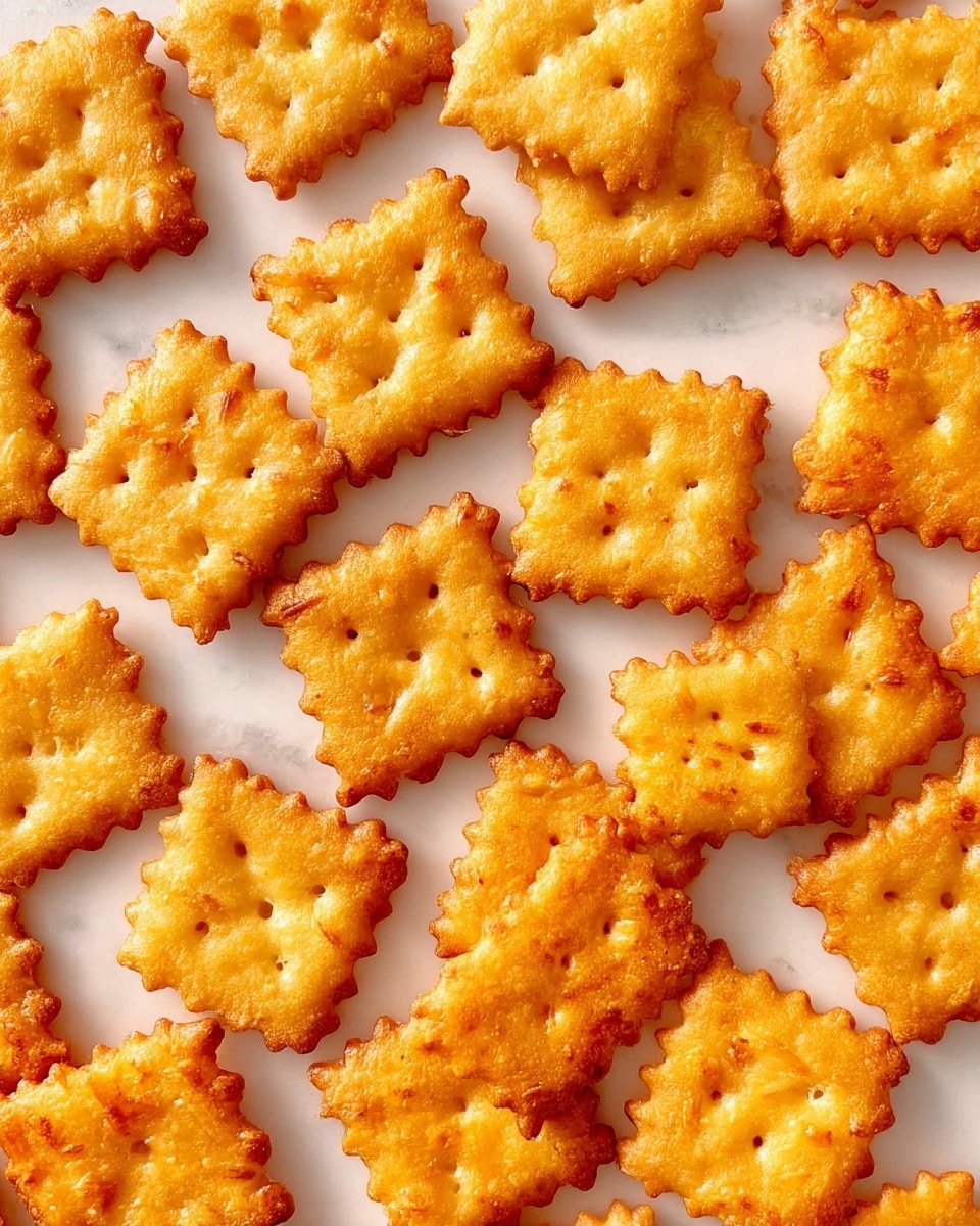 A close-up view of a group of small square crackers with scalloped edges spread out evenly over a white marbled surface. Each cracker is golden-brown with a slightly darker baked edge and a crispy texture. The surface of the crackers has small bumps and tiny holes in the center, showing a crunchy and cheesy look. The crackers have a warm, toasted color with some lighter and darker spots, indicating they are baked to perfection. photo taken with an iphone --ar 4:5 --v 7