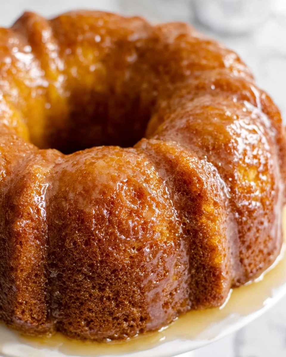 The image shows a single-layer bundt cake with a glossy, sticky glaze dripping down its textured brown surface. The cake has a rounded shape with deep ridges around the sides and a hollow center. It sits on a white plate, which is placed on a white marbled surface. The glaze adds a shiny, wet look, enhancing the cake's moist texture and rich color. Photo taken with an iphone --ar 4:5 --v 7