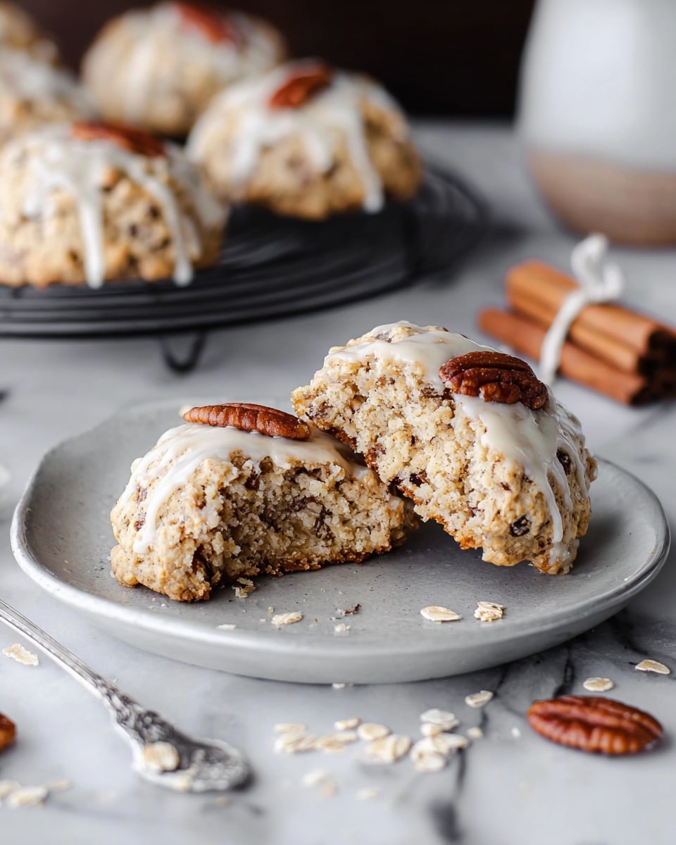 The image shows three scones on a white plate with a soft, crumbled texture. The scones are light tan with darker brown pieces of pecans mixed throughout and a white glaze lightly drizzled on top in uneven lines. The scones have a rough, crumbly surface with small bits of pecans visible on and around them. A metal fork lies next to the scones on the plate, and the scene is set on a white marbled surface with a striped cloth partially visible on the lower right. In the background, more scones are blurred on a cooling rack. photo taken with an iphone --ar 4:5 --v 7