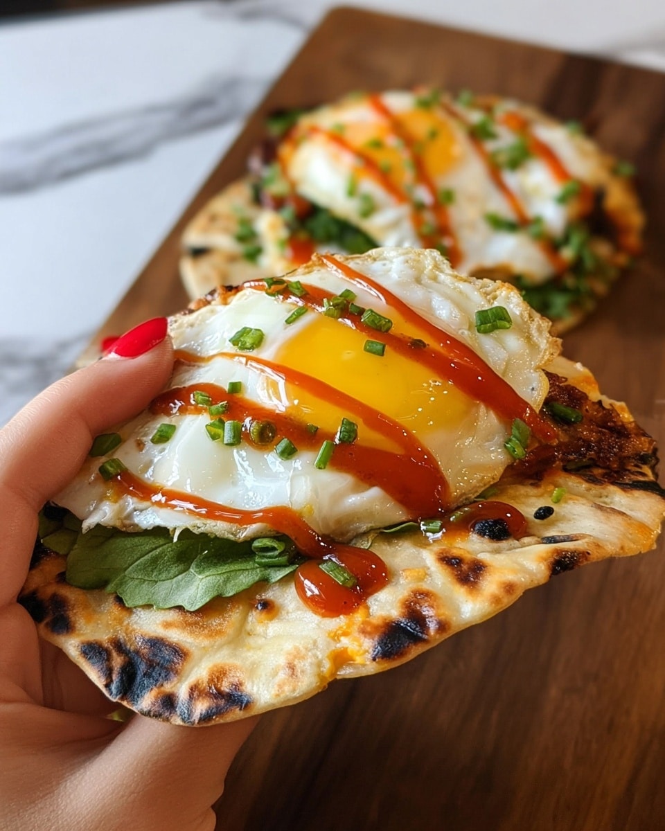 A close-up image shows a grilled flatbread taco held by a woman's hand with red painted nails. The taco has three main layers: at the bottom, a lightly charred flatbread with some brown spots and a soft texture; above it, fresh green leaves that add a leafy texture; on top, a cooked sunny side up egg with bright yellow yolk oozing slightly, white edges crispy and slightly browned, drizzled with a red hot sauce and sprinkled with chopped green chives. In the background, a second similar taco lies on a wooden board with a white marbled texture beneath. photo taken with an iphone --ar 4:5 --v 7