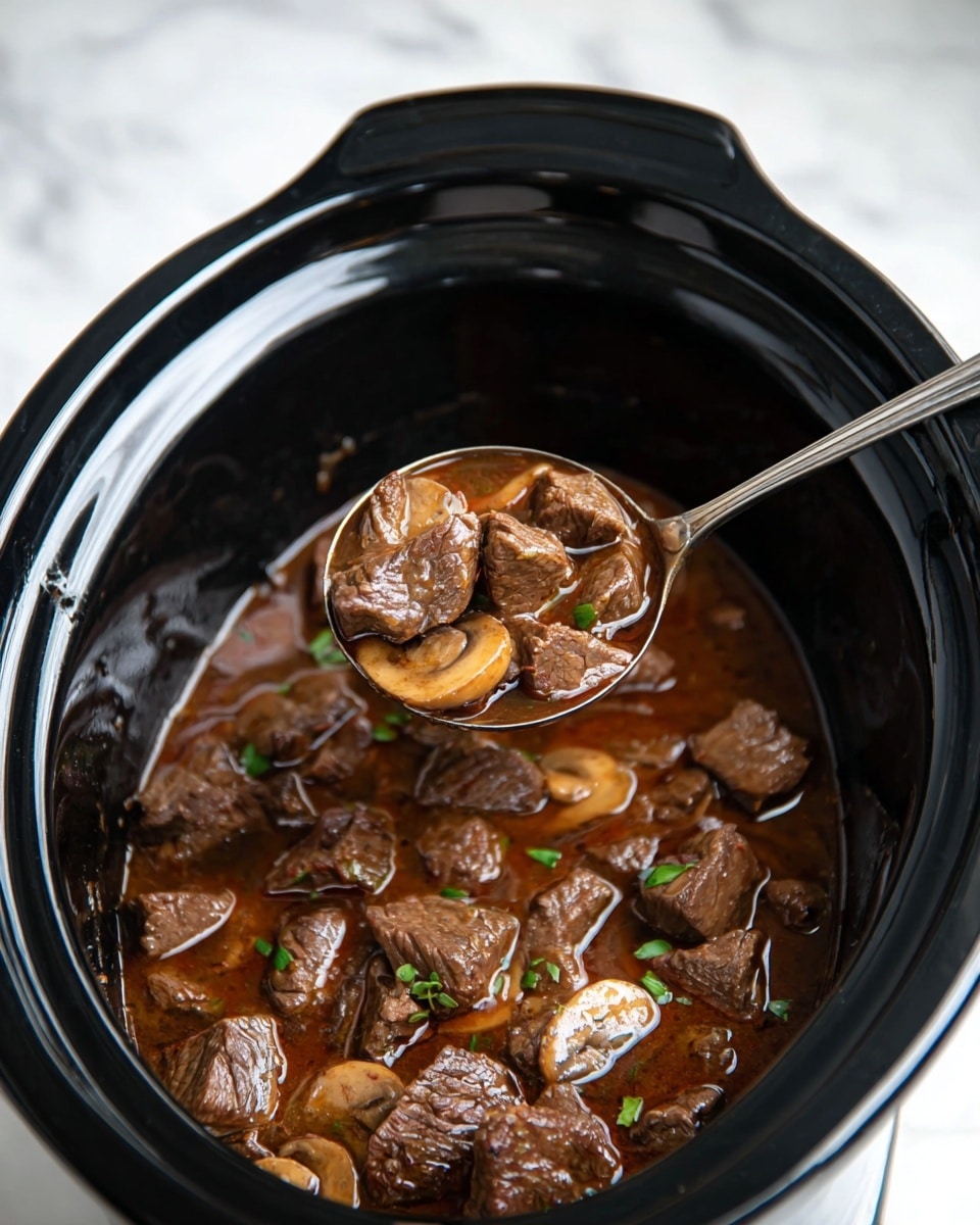 A white bowl contains a meal with two main layers. The bottom layer is white, fluffy rice filling the entire bowl. On top, there is a thick brown beef stew with chunks of tender meat and sliced mushrooms, garnished with small green herb pieces scattered over the stew. The bowl sits on a white marbled surface with a striped cloth underneath featuring colors like orange, turquoise, and purple. Photo taken with an iphone --ar 4:5 --v 7