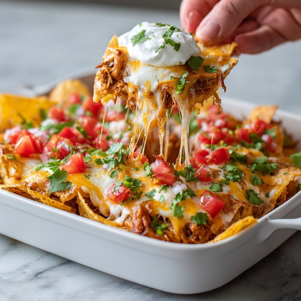 This close-up image shows a white plate filled with nachos that has three main layers. The bottom layer is crispy yellow corn chips arranged tightly. On top, there is melted cheese mixed with shredded chicken, creating a creamy and gooey texture that stretches as a chip is lifted. The top layer has diced red tomatoes and green chopped herbs scattered evenly, adding color and freshness. There are also dollops of white sour cream on the surface. The white marbled background enhances the warm tones of the dish. photo taken with an iphone --ar 4:5 --v 7