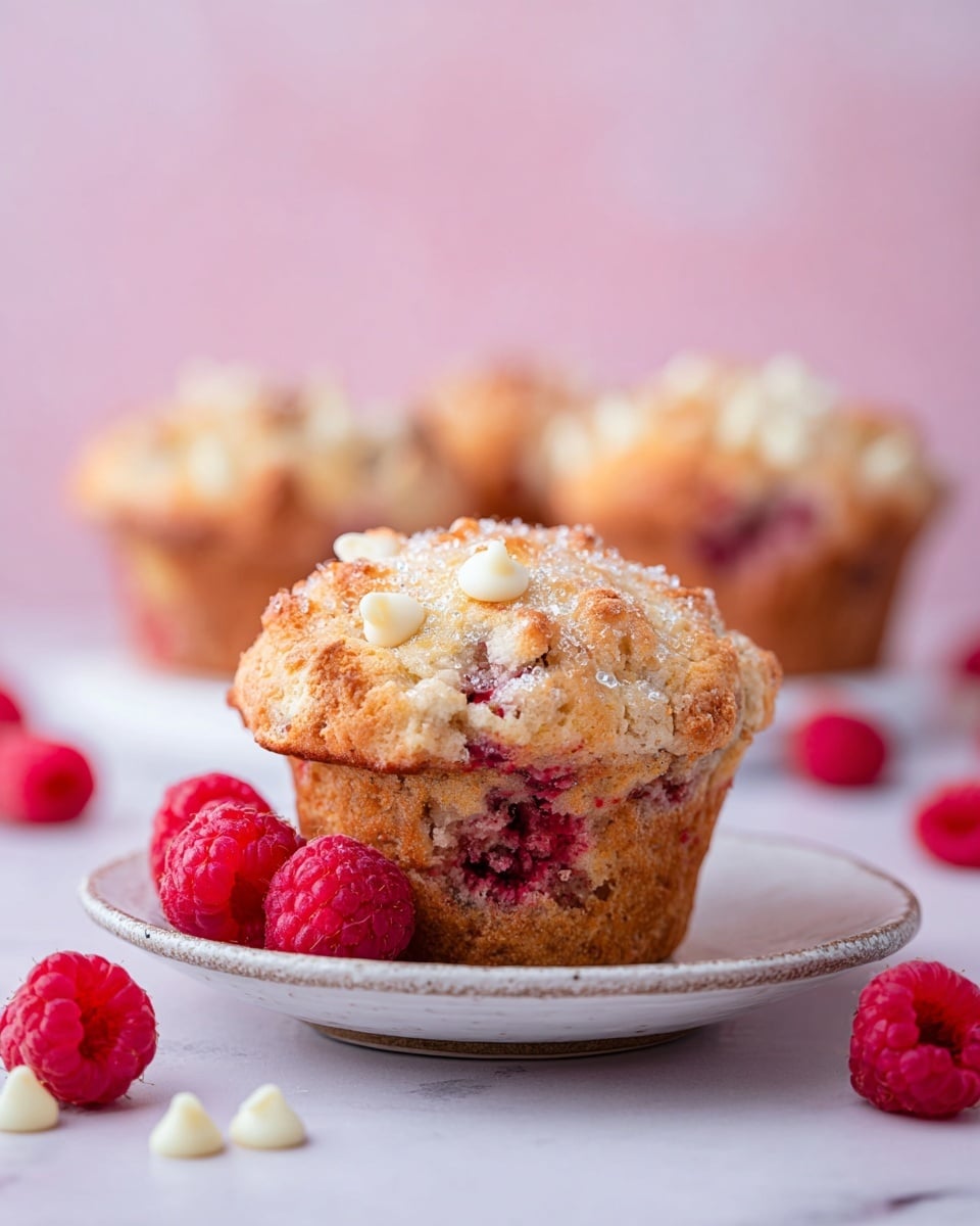 The image shows one large muffin placed on a small white plate with a slightly uneven edge. The muffin has a golden-brown top with visible chunks of red raspberries and white chocolate chips embedded on the surface, along with sparkling sugar crystals giving a textured look. Around the plate are scattered fresh red raspberries and white chocolate chips. In the background, there are three more muffins blurred but similar in appearance, all set against a soft light pink sky with a white marbled texture surface. photo taken with an iphone --ar 4:5 --v 7