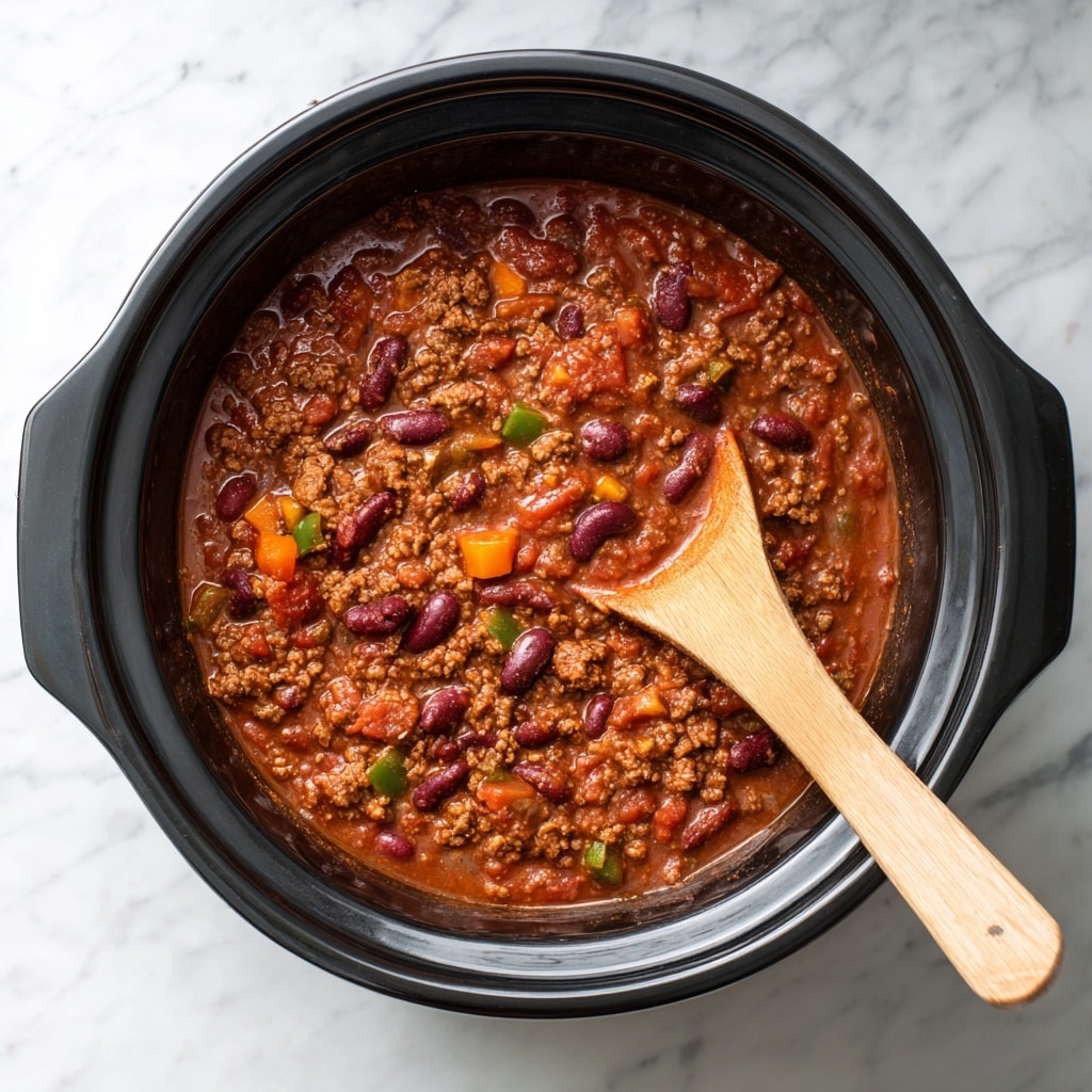 The image shows a close-up of a thick stew with a rich reddish-brown color, filled with kidney beans and ground meat. The stew is in a black pot, with a large silver ladle lifting a spoonful, showing the chunky texture and mixed ingredients. The stew looks hearty and well-cooked, with a slightly glossy surface from the sauce. A woman's hand holds the ladle, positioned over the pot. The background is a white marbled texture. Photo taken with an iphone --ar 4:5 --v 7