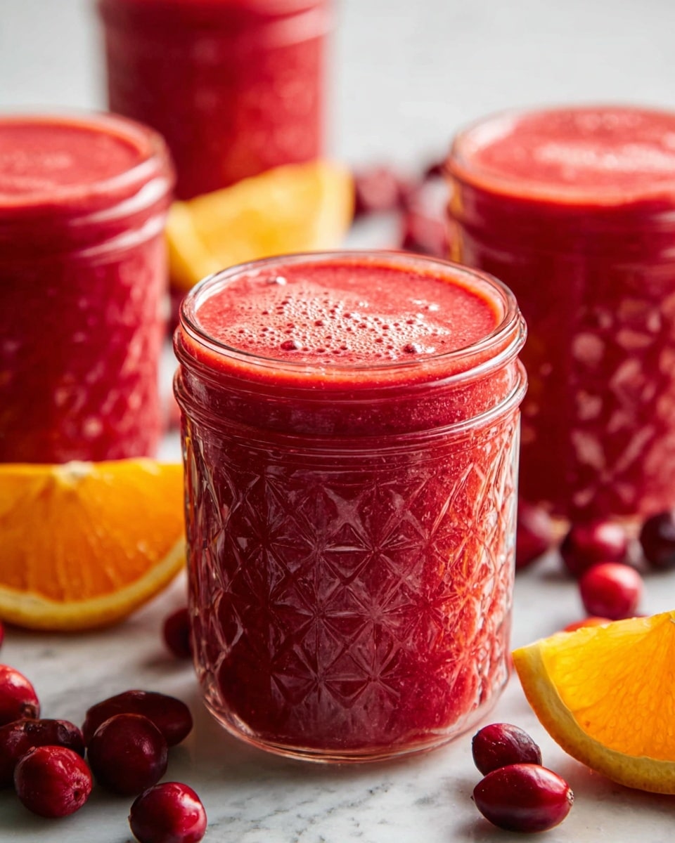 The image shows a close-up of several clear glass jars filled to the top with a thick, bright red smoothie. The jars have a textured diamond pattern on the glass surface. Surrounding the jars are scattered whole small red berries and wedges of fresh orange, adding pops of orange and deeper red color to the white marbled surface. The smoothie looks smooth but thick, with tiny bubbles visible on the surface inside the jars. Photo taken with an iphone --ar 4:5 --v 7