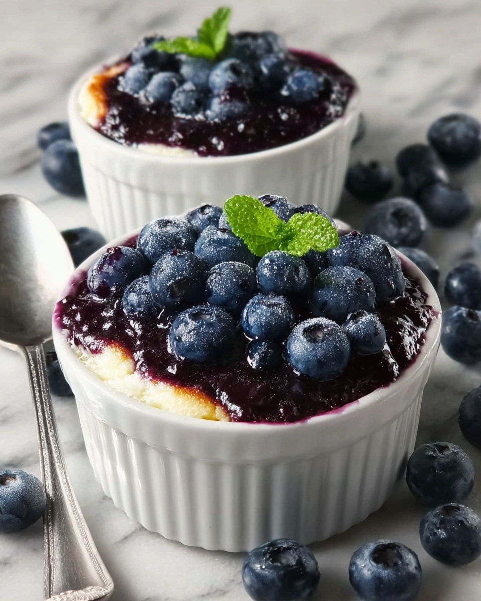 The image shows two small white ramekins filled with a dessert that has three visible layers: a golden brown top edge, a thick yellow creamy middle, and a dark purple-blue layer of cooked blueberries covering most of the surface. Fresh blueberries and a small mint leaf sit piled in the center on top. The ramekins are placed on a white marbled texture with some loose blueberries and a silver spoon nearby, reflecting light softly. Photo taken with an iphone --ar 4:5 --v 7