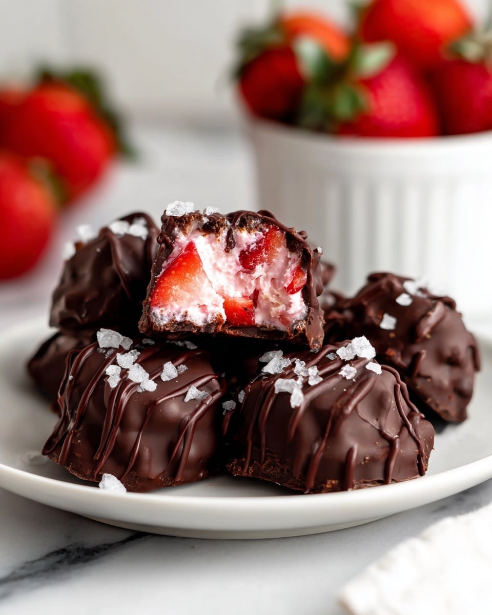 A white plate holds several chocolate-covered treats sprinkled with coarse sea salt. Each treat has a dark brown, glossy outer layer with a wavy texture. One piece is cut open, showing three layers inside: a dark chocolate shell, a white creamy middle with a light, fluffy texture, and bright red pieces of strawberry embedded within. In the background, a white bowl filled with whole and sliced fresh strawberries sits on a white marbled surface. photo taken with an iphone --ar 4:5 --v 7
