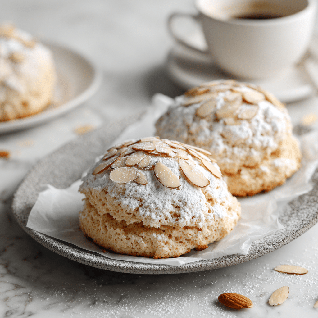 The image shows a thick round scone with two layers: the bottom layer is a golden-brown, crumbly baked dough, while the top layer is slightly smaller, golden, and sprinkled with white powdered sugar. Thin, light beige almond slices are scattered on top of the powdered sugar. The scone is placed on white parchment paper on a white plate, with additional almond slices and powdered sugar scattered nearby. In the background, there are two more similar scones and some blurred white containers, all set on a white marbled surface. photo taken with an iphone --ar 4:5 --v 7