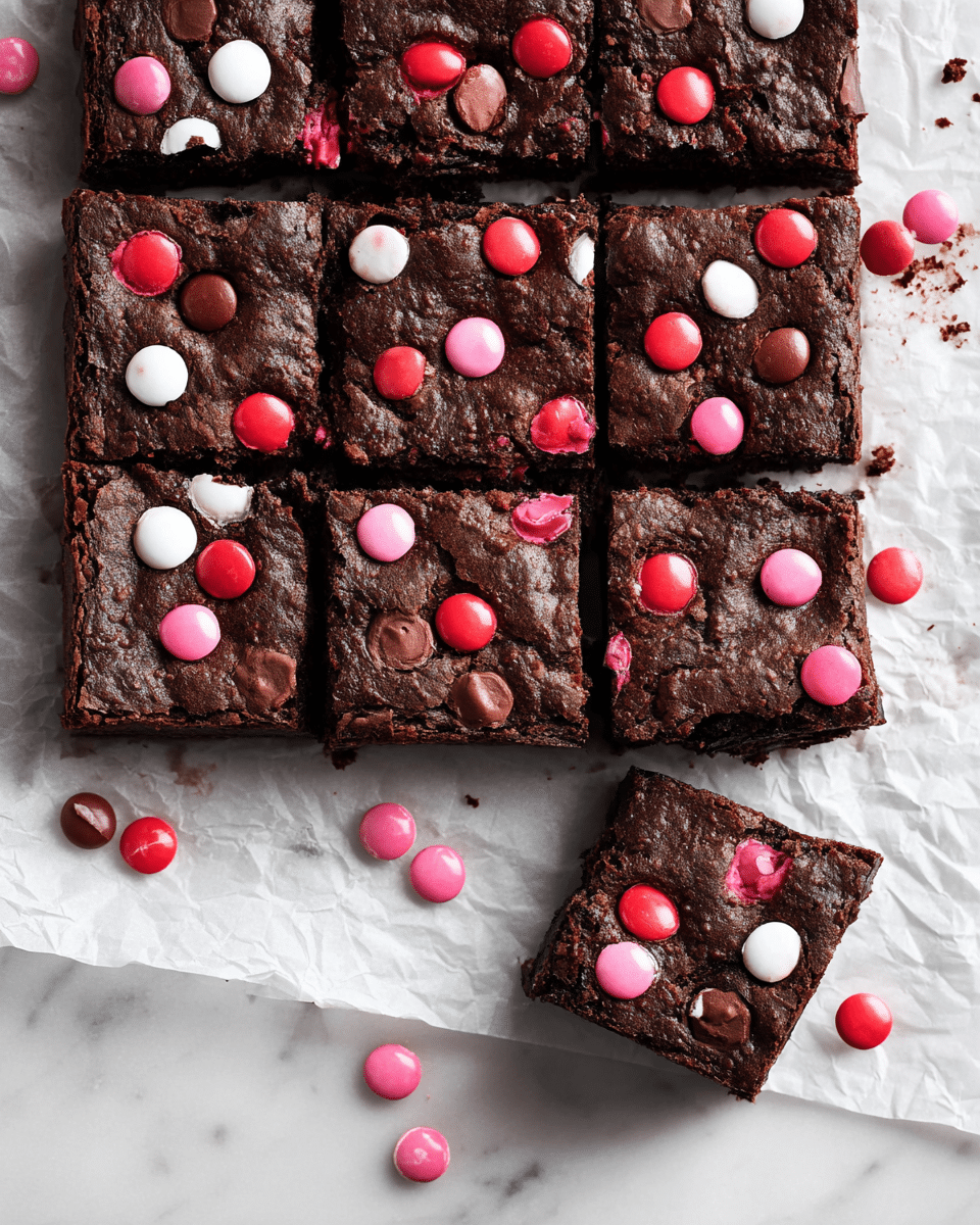 A stack of three rich, dark chocolate brownies is placed on a white marbled surface. Each brownie layer is thick and moist with a slightly cracked top, and colorful pink, red, and light pink candy-coated chocolate pieces are embedded in the top and middle layers. The top brownie has a bite taken from it, showing its soft and dense texture inside. Around the brownies, several candy pieces are scattered on the surface. In the background, a white bowl filled with more pink candies and a tall glass of milk are placed softly out of focus. photo taken with an iphone --ar 4:5 --v 7