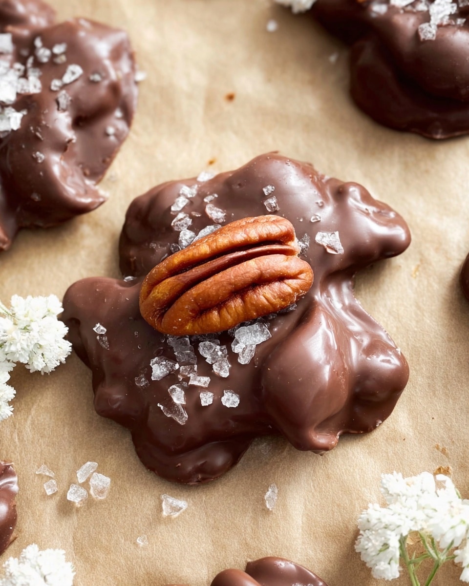A close-up view of a woman's hand holding two broken pieces of nut-filled chocolate bark, showing three main layers: a dark brown chocolate layer with golden caramel bits and light brown nut pieces scattered inside, a middle smooth layer of milk chocolate with embedded nuts creating a rough texture, and a thin top layer decorated with whole, reddish-brown pecans. Behind the hand, there is a white bowl filled with more pecans on a white marbled surface, along with some scattered nut pieces and a few broken chocolate bark pieces sprinkled lightly with salt. Photo taken with an iphone --ar 4:5 --v 7