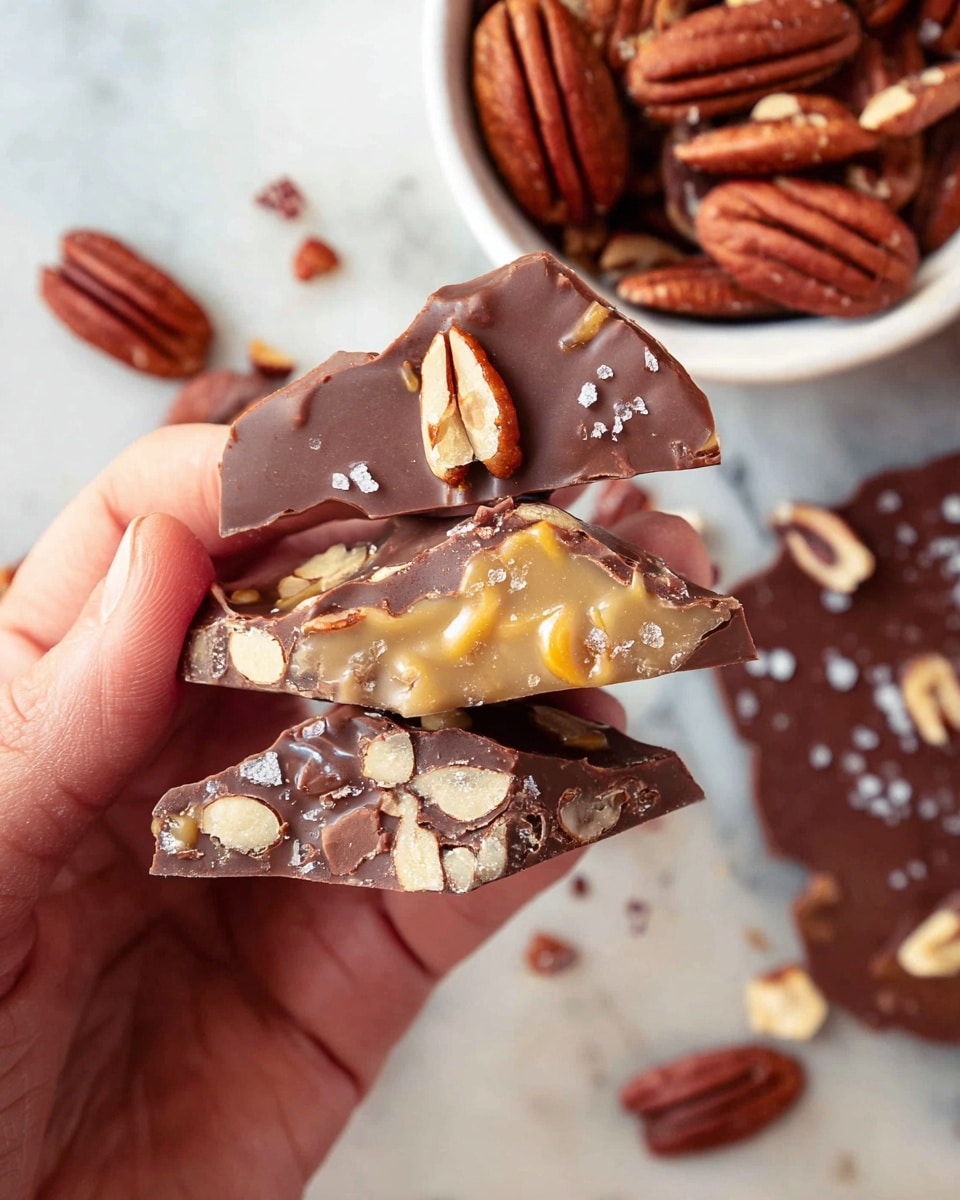 A close-up of a small chocolate cluster with a glossy milk chocolate base covered in a few visible nut bumps. On top, a whole pecan half rests in the center, with a light sprinkling of coarse sea salt flakes scattered over the chocolate and pecan. The cluster sits on a light brown parchment-like surface with a few other clusters partly visible. In the bottom part of the image, there are a few small white flowers adding a delicate touch. The lighting highlights the shiny texture of the chocolate and the rough texture of the pecan photo taken with an iphone --ar 4:5 --v 7