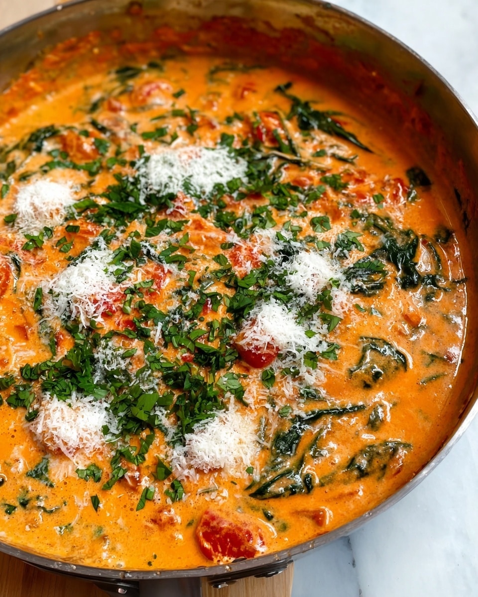 A close-up of a creamy orange sauce in a metal pan with visible chunks of red tomatoes and green spinach scattered through the mixture. On top, there are several small heaps of white grated cheese and bright green fresh herbs spread evenly, adding texture and color contrast. The sauce has a thick, slightly chunky texture with a rich, warm looking surface, set against a white marbled background. photo taken with an iphone --ar 4:5 --v 7