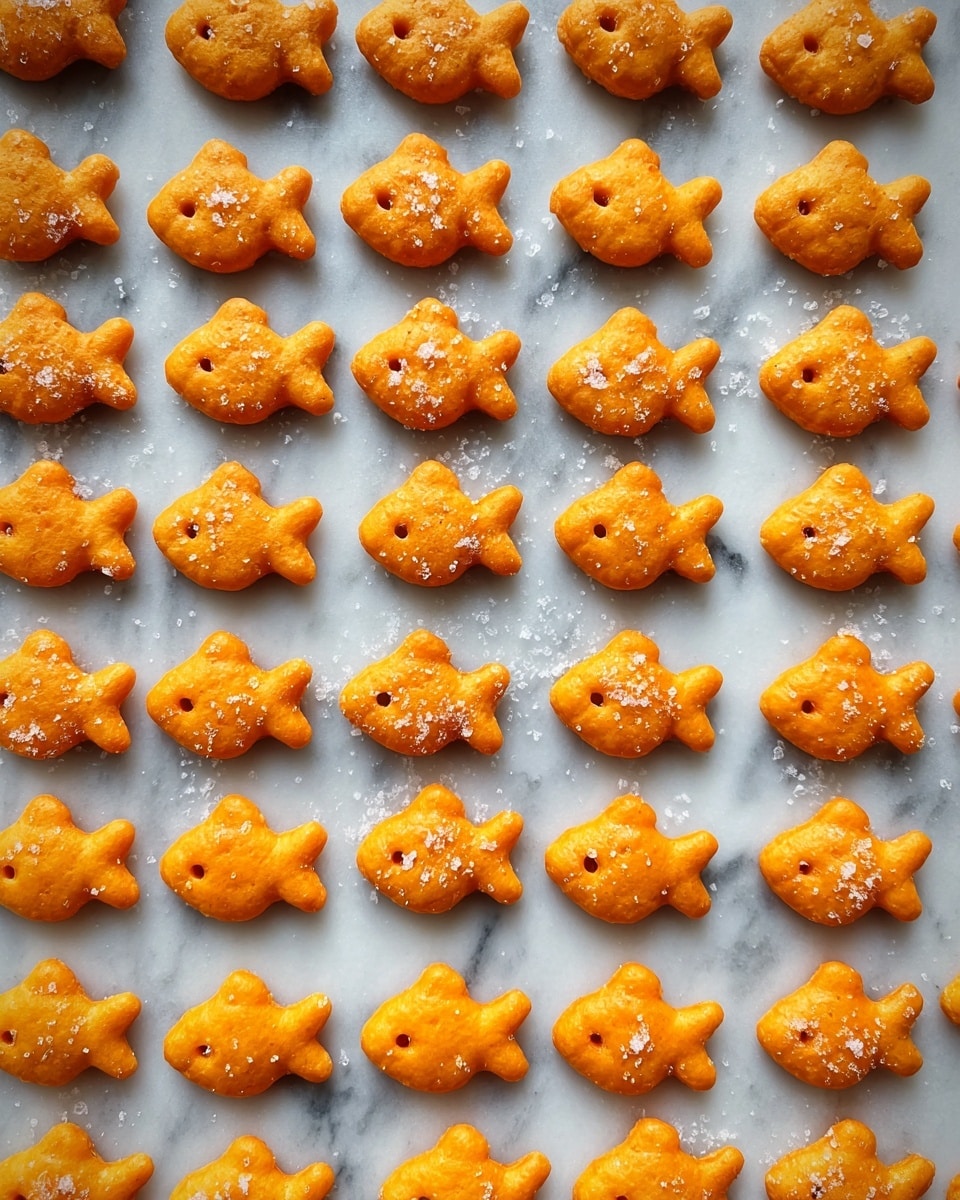 A close-up view of a white bowl filled with many small fish-shaped crackers. The crackers are golden orange with a slightly shiny, slightly rough texture, showing some salt crystals on the surface. They cover the bowl evenly without any gaps, and each cracker is distinct with a smooth, rounded body and a notched tail. The bowl sits on a white marbled surface that softly reflects light, giving a clean and fresh feeling. Photo taken with an iphone --ar 4:5 --v 7