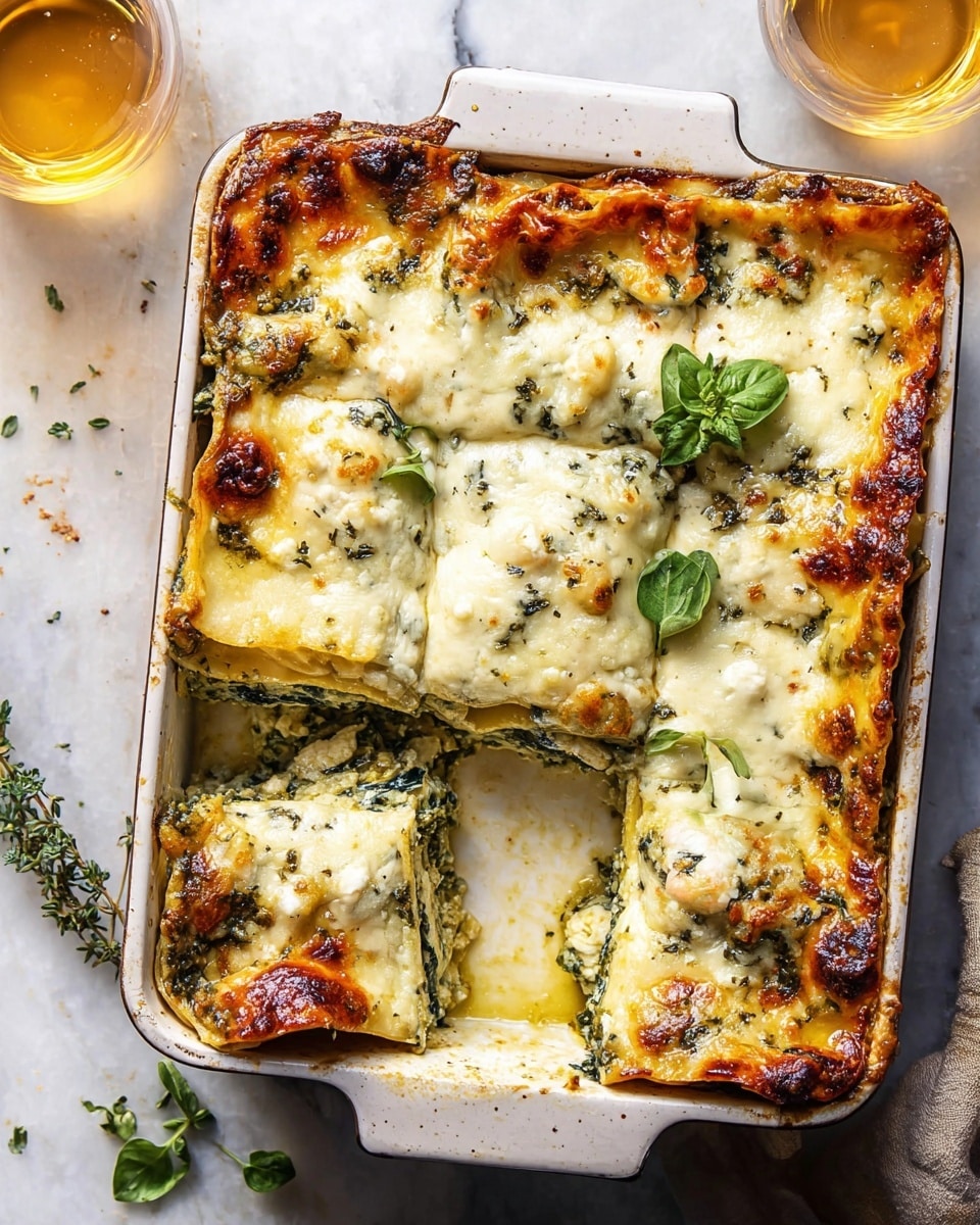 A white square dish filled with six cut pieces of baked lasagna, topped with a thick, bubbly layer of melted white cheese that is golden-brown at the edges, with visible green herbs scattered across the top. The top cheese layer looks creamy and smooth with some browned spots, while underneath you can see layers of green spinach or herb mixture and pasta sheets. One piece is slightly pulled out showing multiple soft layers with a mix of sauce and cheese. Small fresh green herb leaves are placed on top of the lasagna for decoration. The dish sits on a white marbled surface with some small green herbs and a glass of light amber liquid nearby. photo taken with an iphone --ar 4:5 --v 7