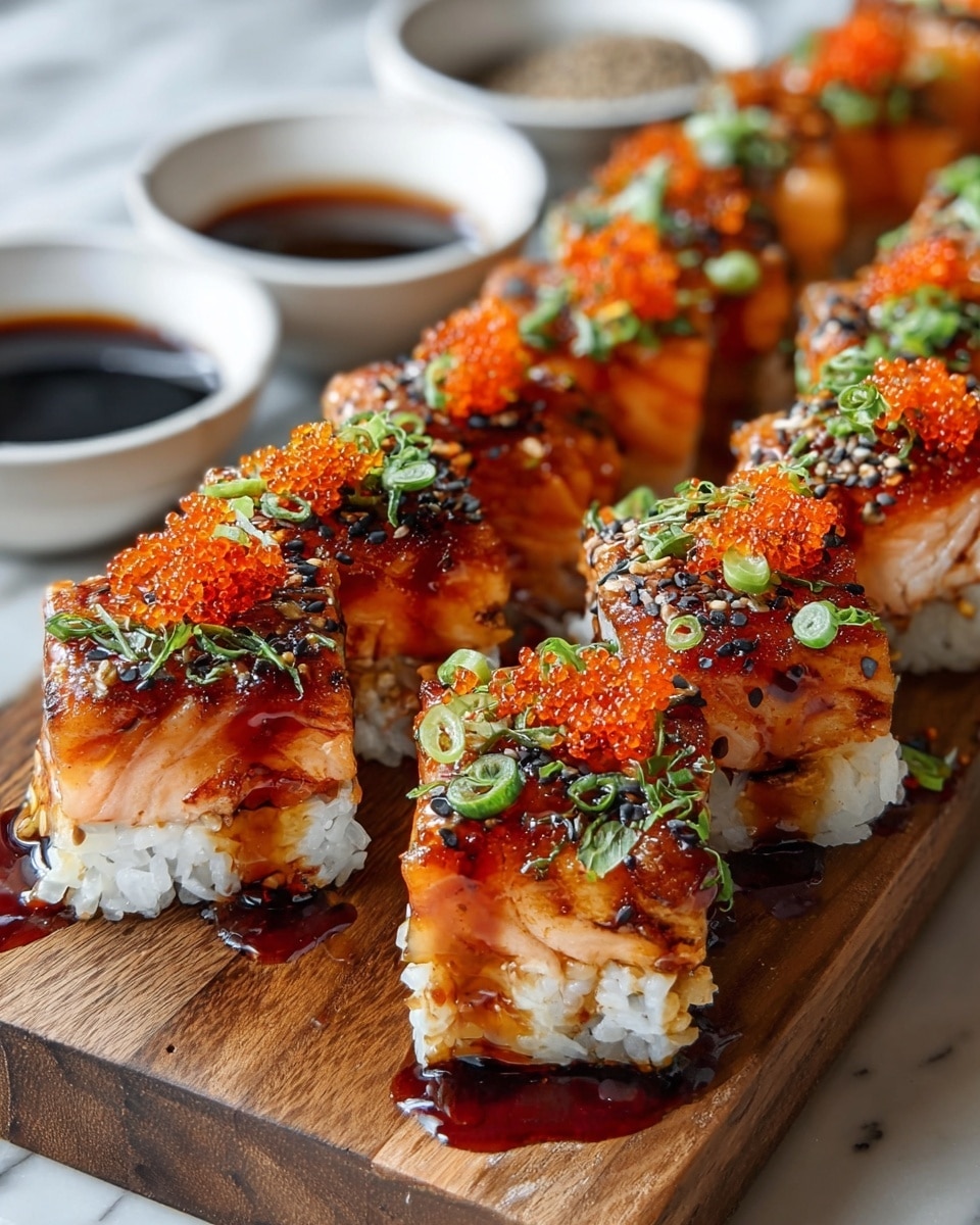 A close-up view of sushi rolls arranged in two rows on a wooden board, each piece having two main layers: a white rice base topped with a thick, glazed orange salmon layer. The salmon is garnished with bright orange fish roe, chopped green onions, and a sprinkling of black and white sesame seeds. Dark sauce is drizzled over the salmon and pooling slightly on the board. In the background, there are small white bowls with dark soy sauce and spices, set on a white marbled surface. photo taken with an iphone --ar 4:5 --v 7