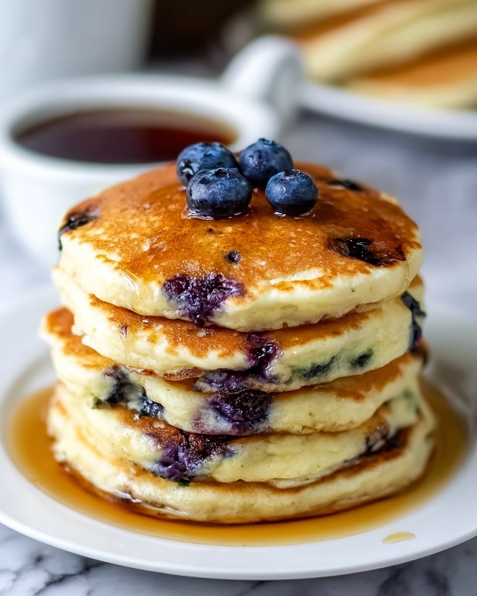 A stack of four thick, golden-brown blueberry pancakes sits on a white plate placed on a white marbled texture. Each pancake has a soft and fluffy texture with visible blueberries baked inside, creating deep purple spots. The top pancake is garnished with four fresh, plump blueberries. A light drizzle of maple syrup flows down the sides and pools around the base of the stack, adding a shiny glaze. In the background, a blurred white bowl filled with syrup is partly visible. Photo taken with an iphone --ar 4:5 --v 7