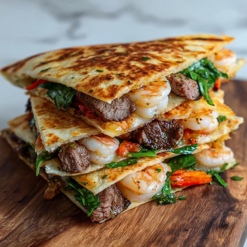 The image shows a folded quesadilla with a crispy golden-brown toasted outer layer. Inside, there are visible layers of grilled shrimp and chunks of seasoned steak, mixed with fresh green leafy herbs and orange-red bell pepper slices. The quesadilla is filled richly, with the shrimp and steak pieces placed evenly throughout the layers. The food is resting on a wooden surface with a white marbled texture in the background. photo taken with an iphone --ar 4:5 --v 7