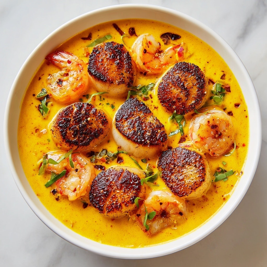 A white bowl filled with a creamy orange soup, topped with several pieces of golden-brown seared scallops and shrimp. The scallops have a nicely charred crust with a slightly rough texture and a tender inside, placed in the center and front of the bowl. The shrimp, pink with orange accents, is arranged around the scallops, partially submerged in the soup. Small green herb leaves are scattered over the dish, adding a fresh contrast. The white bowl is set on a white marbled surface. photo taken with an iphone --ar 4:5 --v 7