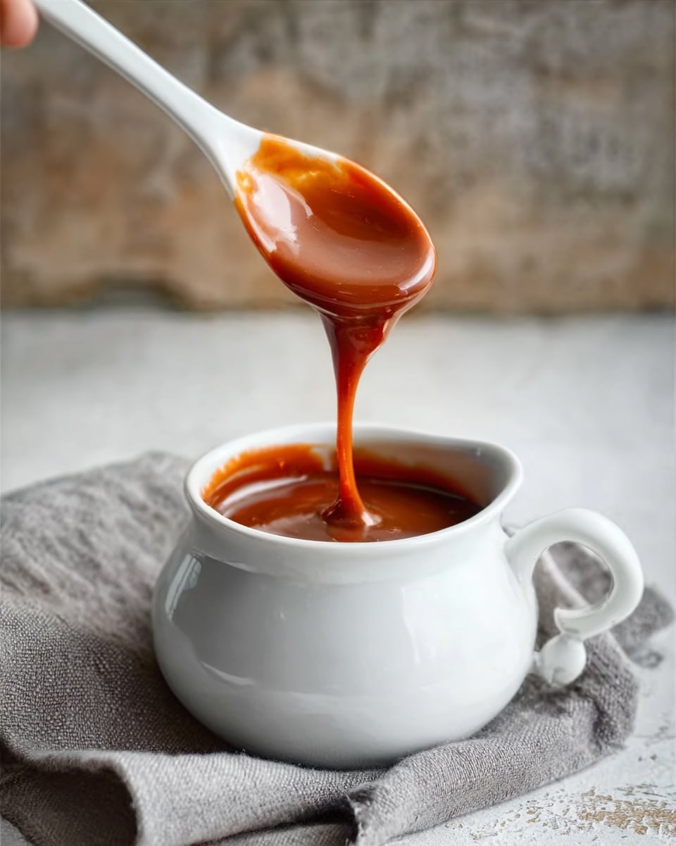The image shows a white ceramic jug filled with thick chocolate sauce that is being poured from a white spoon held by a woman's hand above it. The sauce is smooth, shiny, and rich brown, flowing slowly in a thick ribbon into the jug. The jug is placed on a folded gray cloth that sits on a white marbled surface. The background is softly blurred with a rustic tone, putting focus on the glossy chocolate texture and the clean white jug. photo taken with an iphone --ar 4:5 --v 7