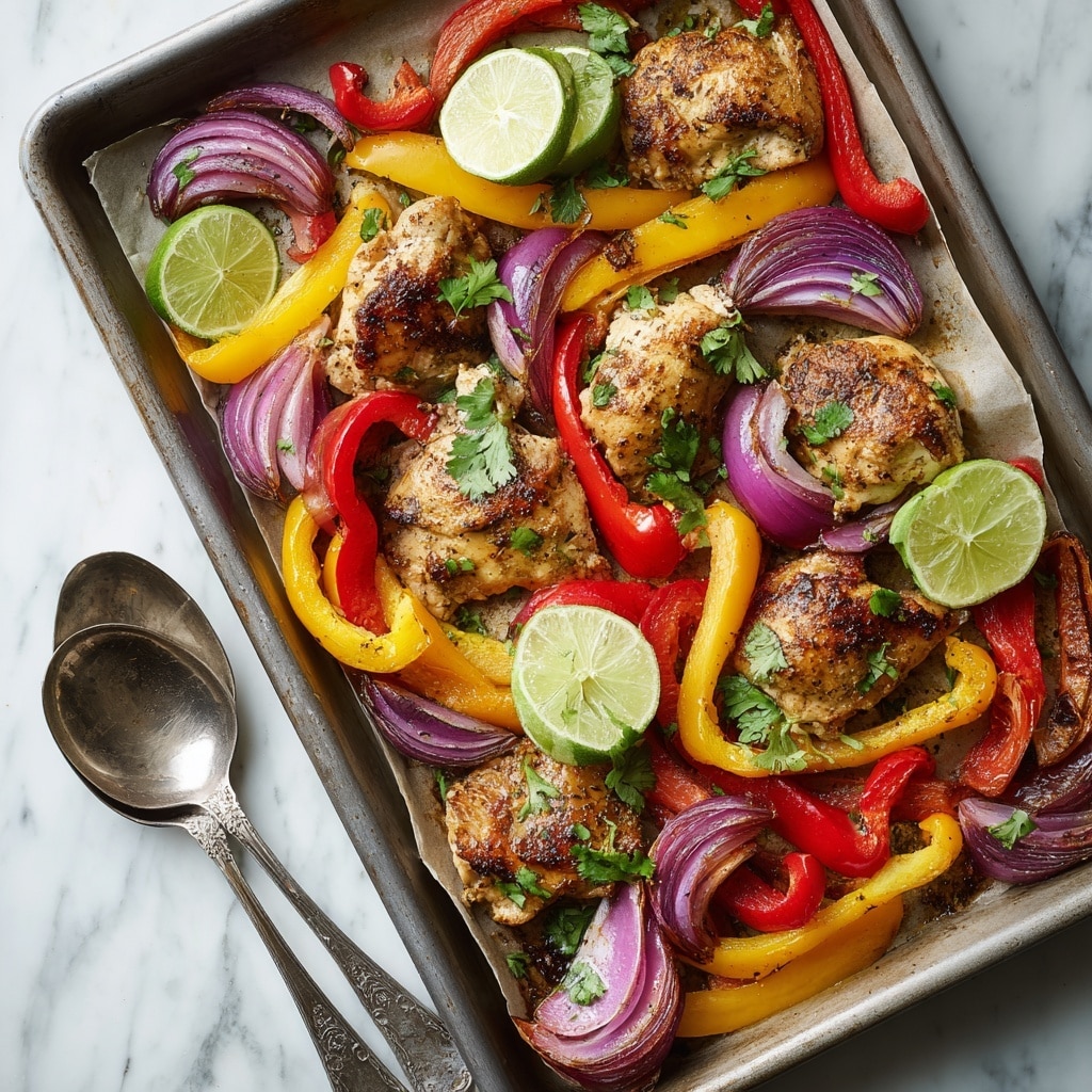 The image shows a baking sheet covered with parchment paper, filled with cooked vegetables and pieces of chicken. The dish has red and yellow bell pepper strips, purple onion slices, and golden-brown chicken chunks, all mixed evenly. Some fresh green cilantro leaves are scattered on top, along with a few lime wedges placed around the food. Two silver spoons rest on the bottom part of the tray. The scene is set on a white marbled surface with a folded light cloth on the side. Photo taken with an iphone --ar 4:5 --v 7