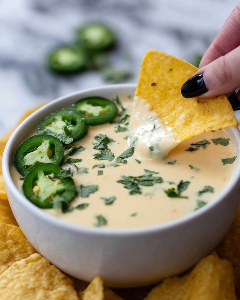 A close-up view of a white bowl filled with creamy, pale yellow queso dip that has a smooth texture. On the surface of the dip, there are fresh green cilantro leaves scattered on the left side and several slices of bright green jalapeño peppers arranged on the right side. A yellow tortilla chip is dipped midway into the cheese, with the tip covered in the thick, creamy dip. A woman's hand with black nail polish is holding the chip above the bowl. The background shows a blurred white marbled texture and some more tortilla chips. Photo taken with an iphone --ar 4:5 --v 7