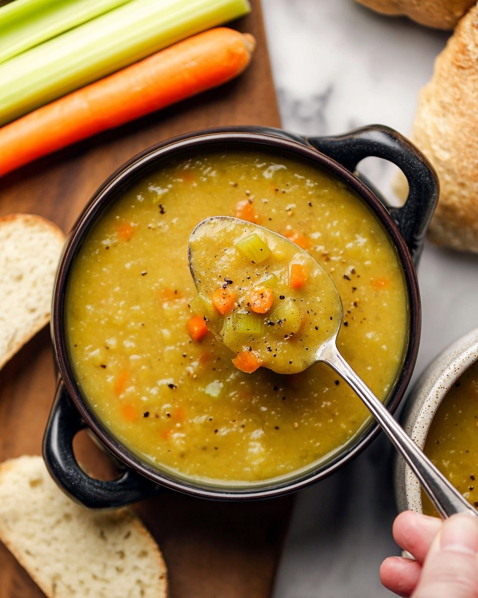 A thick bowl of yellowish-orange soup with visible soft carrot chunks is shown in a dark brown pot with two small handles on the sides. A spoon lifts some of the creamy soup, revealing the smooth texture with bits of spice and two orange carrot pieces on top. In the background, there is a white cup with more soup, some whole carrots and celery sticks, and torn pieces of light brown bread around the pot. All items rest on a white marbled surface with a dark green cloth near the pot. Photo taken with an iphone --ar 4:5 --v 7