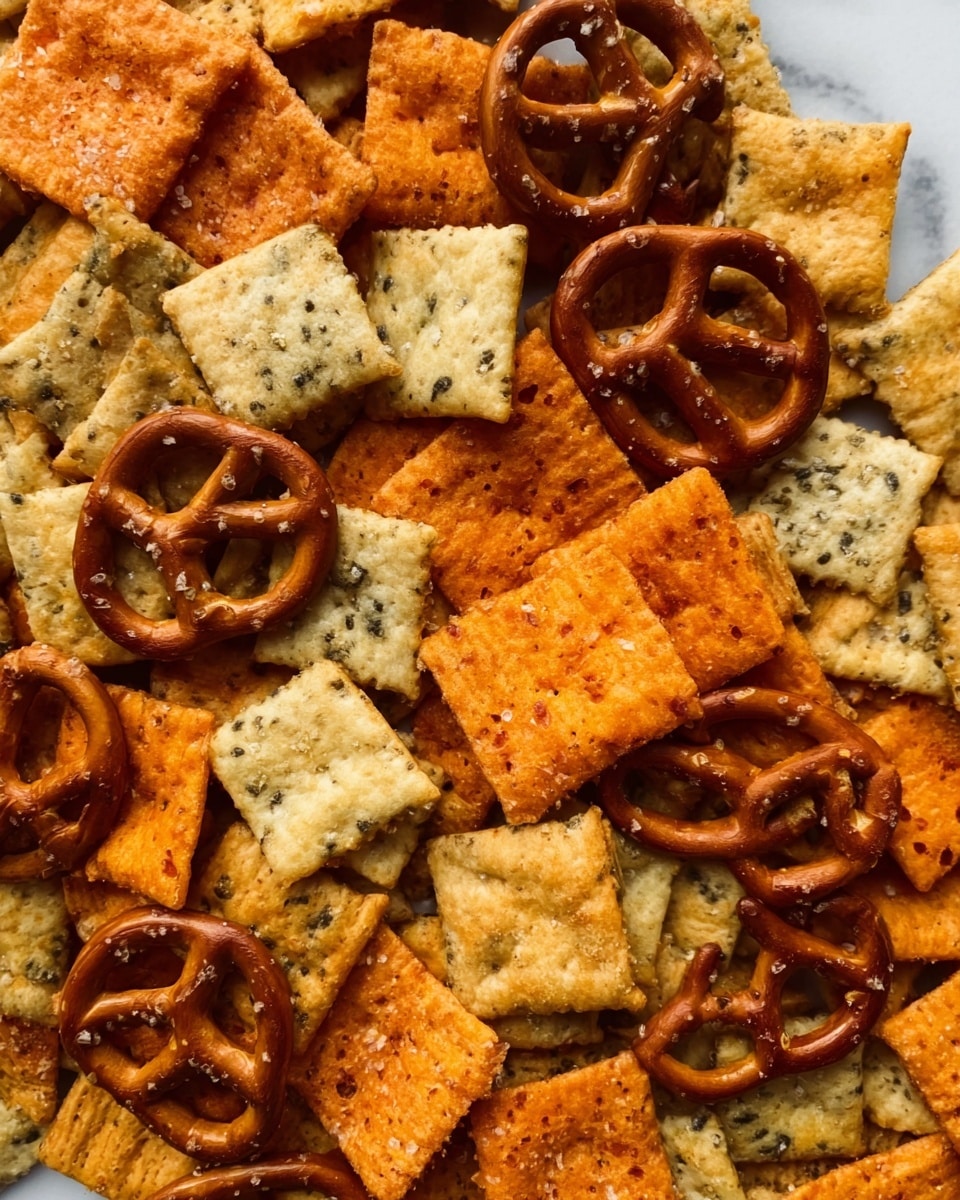 The image shows a close-up top view of a snack mix composed of three main layers. The bottom layer consists of square crackers with a light beige color and small green specks, giving them a textured look. The middle layer features bright orange square crackers with a rough texture that looks slightly crispy. The top layer is scattered with shiny, brown pretzels that have a twisted shape and a smooth, glossy surface sprinkled lightly with salt. The whole mix rests on a white marbled surface, making the colors and textures stand out clearly. Photo taken with an iphone --ar 4:5 --v 7