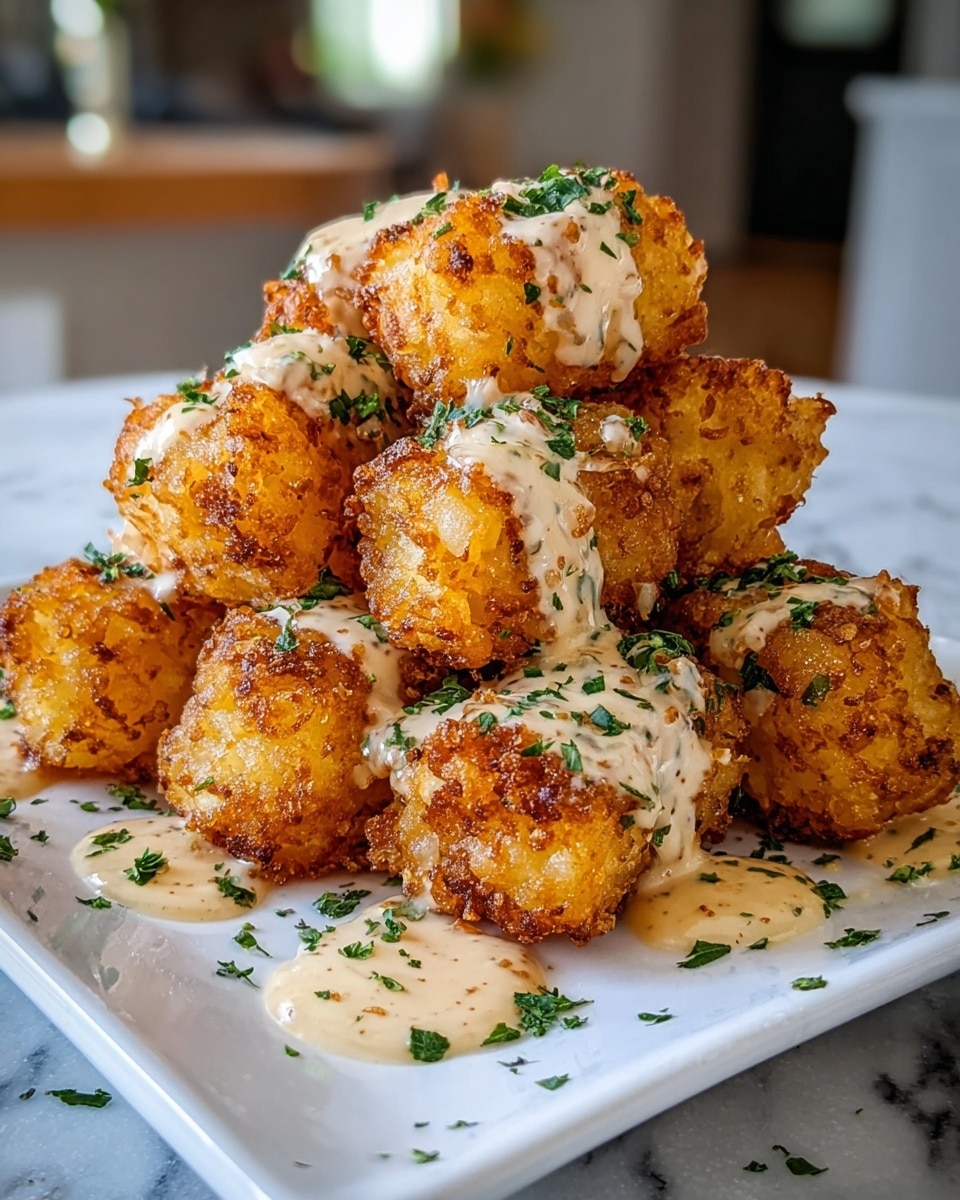 A pile of crispy golden tater tots sits on a white square plate, each tot showing a crunchy outer layer with a rough texture. Creamy, light beige sauce is drizzled unevenly over the tater tots, with small green herb bits sprinkled on top and around them. The plate rests on a white marbled surface, and the background is softly blurred indoors. photo taken with an iphone --ar 4:5 --v 7