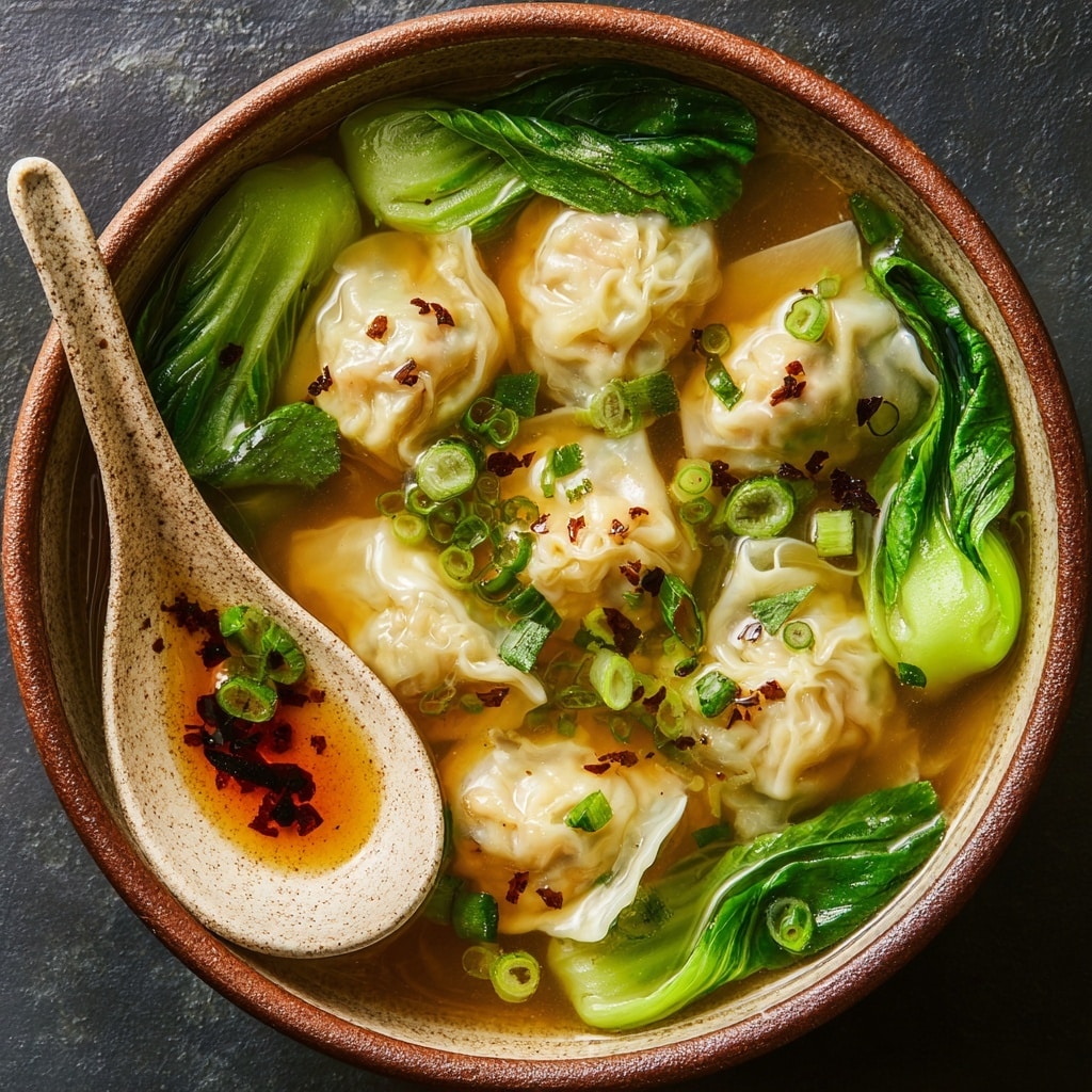 A bowl of clear broth soup with about seven light beige wontons floating on top, some partially open showing filling inside, garnished with small chopped green onions and dark drops of soy sauce on the surface. Bright green leafy bok choy is arranged around the edges inside the bowl. A beige ceramic spoon with a slightly rough texture rests inside the bowl on the left side, holding one wonton and some broth. The bowl sits on a dark surface. Photo taken with an iphone --ar 4:5 --v 7